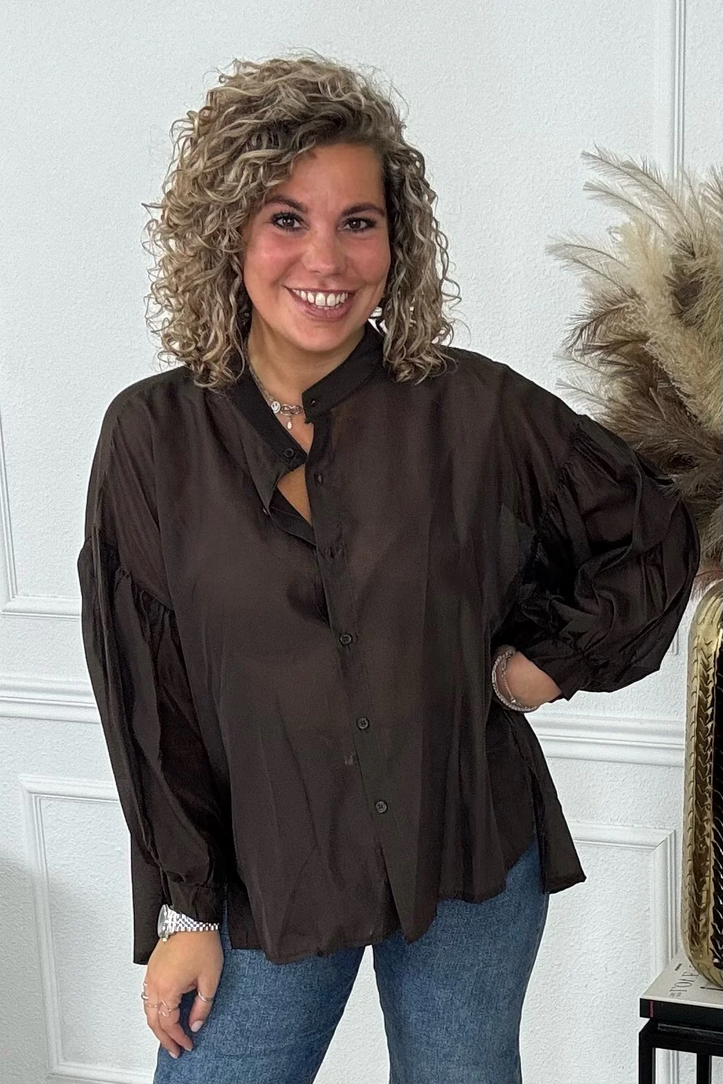 Sheer Balloon Sleeve Blouse - Brown - Image 3