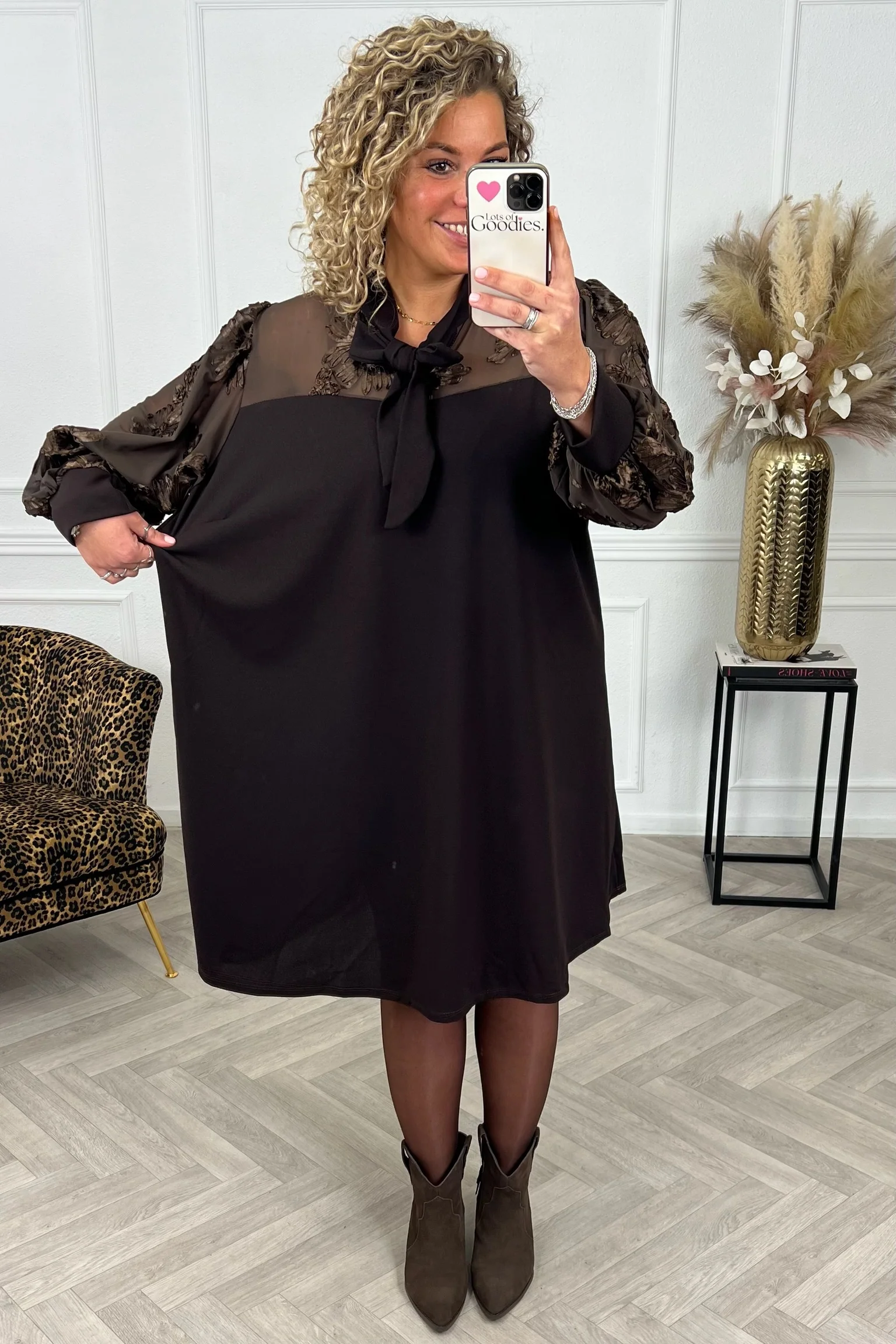 Sheere Flower Strik Dress - Brown - Image 2
