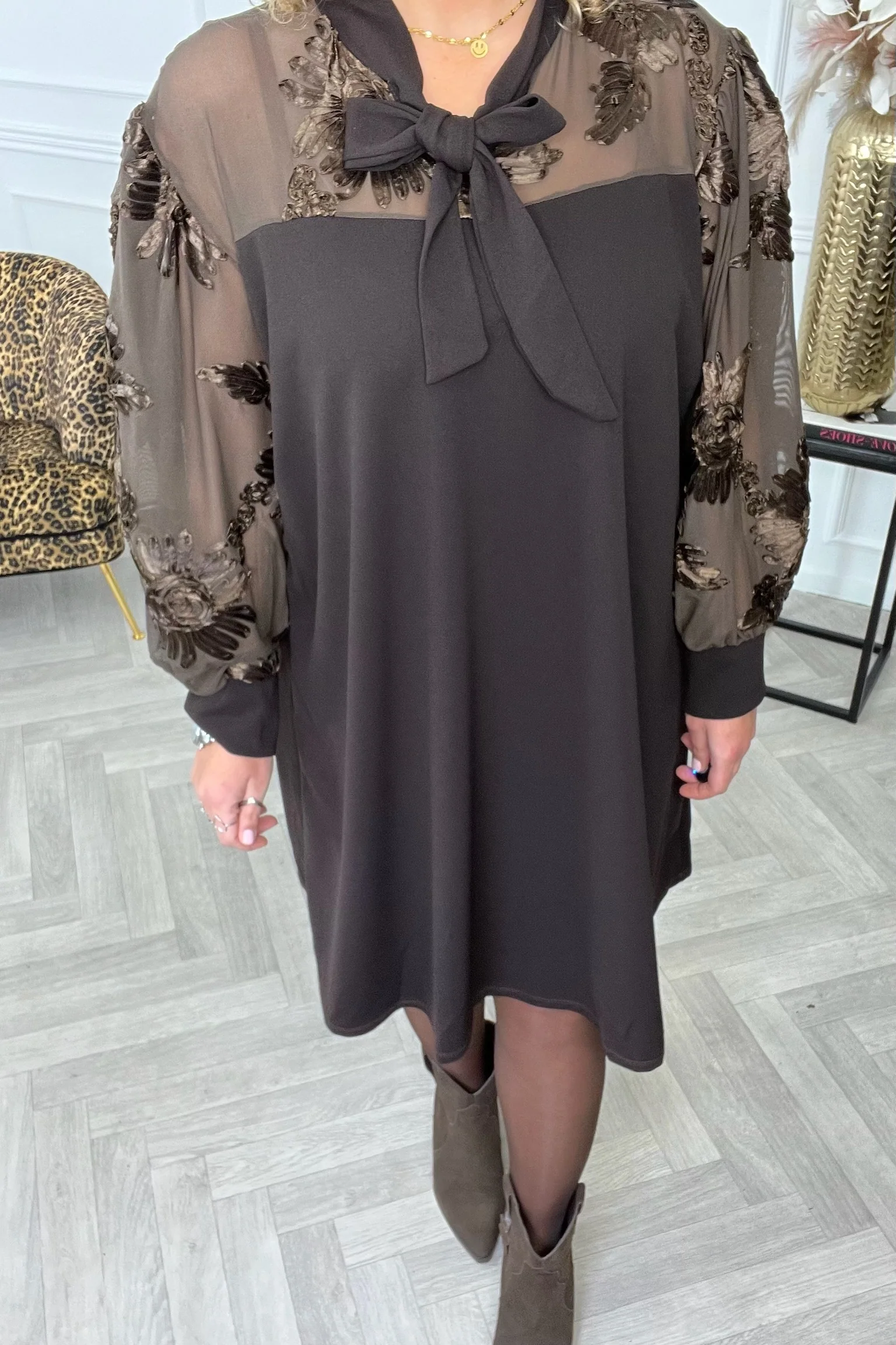 Sheere Flower Strik Dress - Brown - Image 4