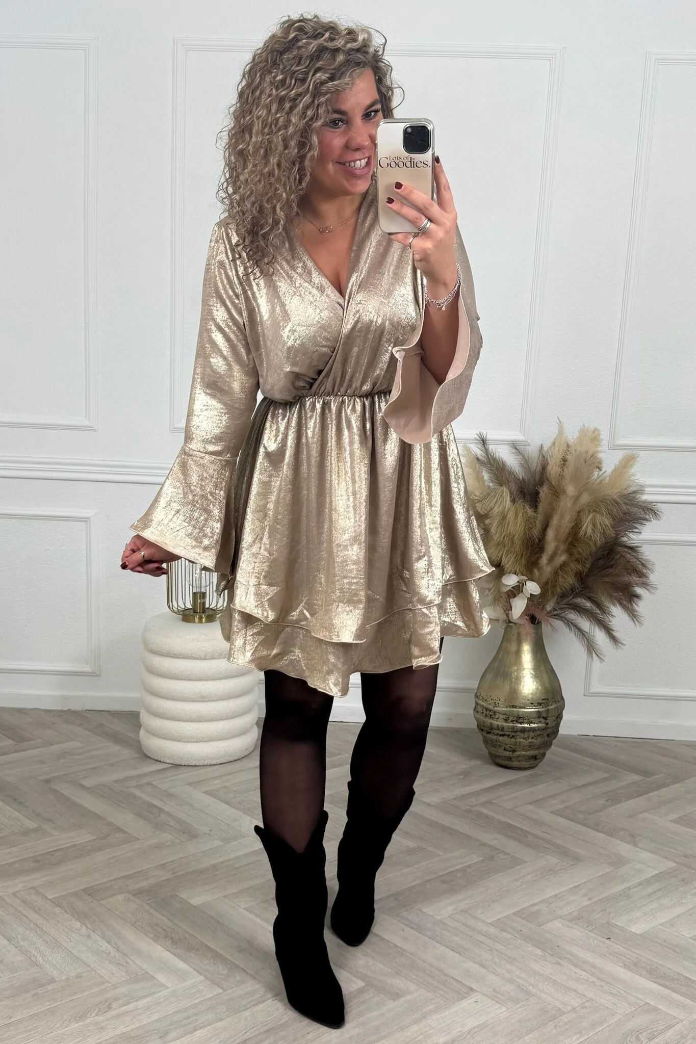 Shiny Ruffle Dress - Champagne - Image 3
