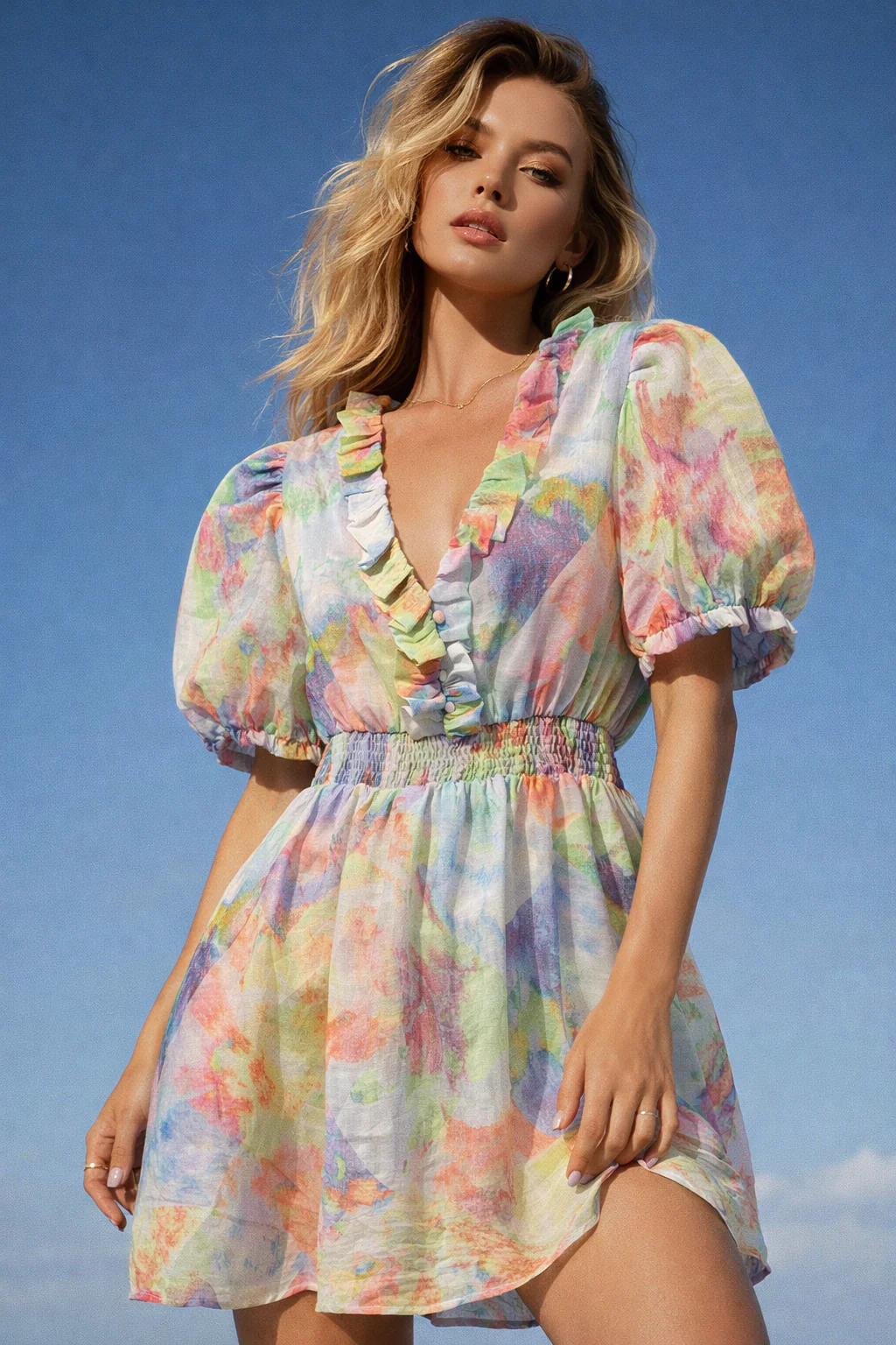 Short Colorful Ruffle Dress - Blue/Green