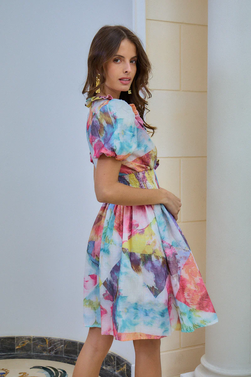 Short Colorful Ruffle Dress - Blue/Pink - Image 3