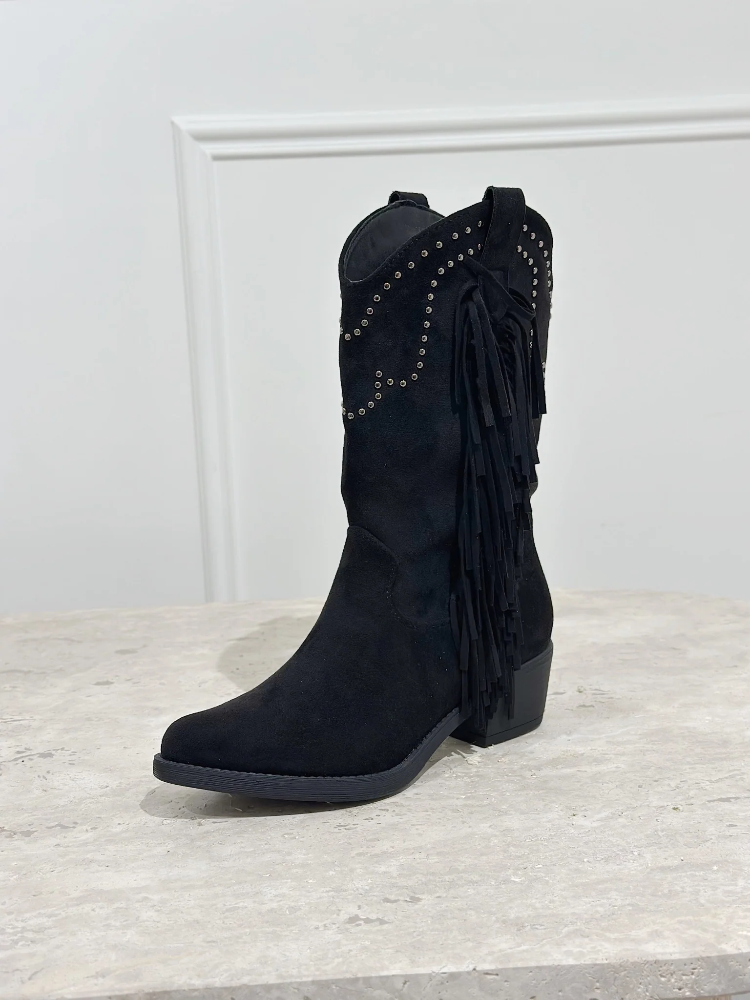 Short Cowboy Fringe Boots - Black - Image 3