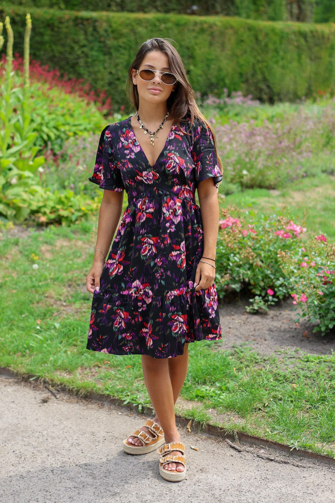Short Genova Flower Dress - Black