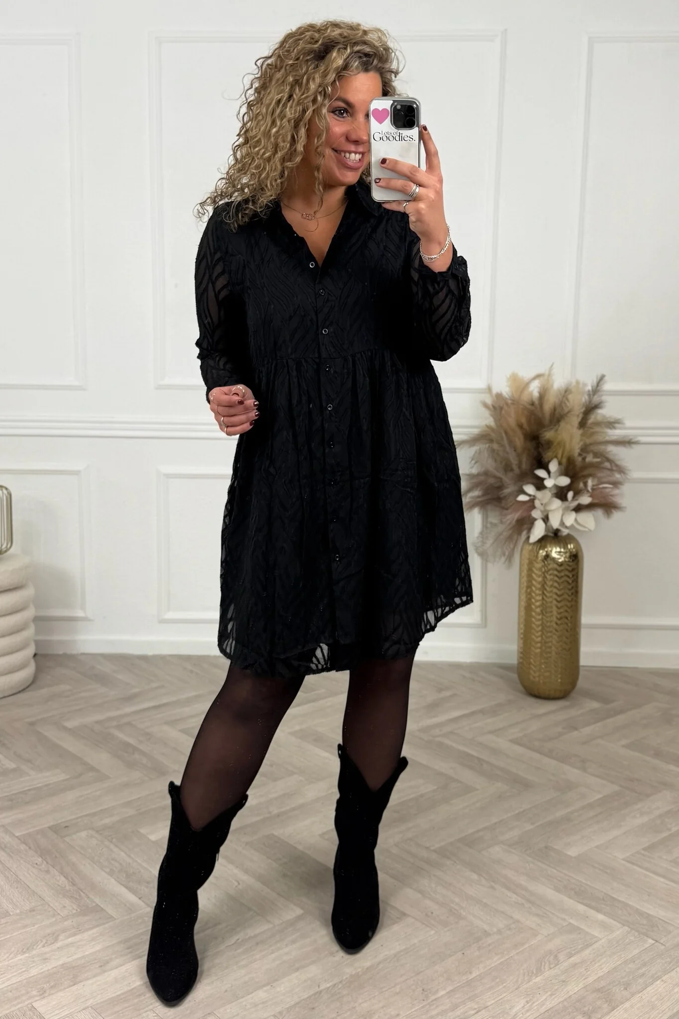 Short Leaves Blouse Dress - Black