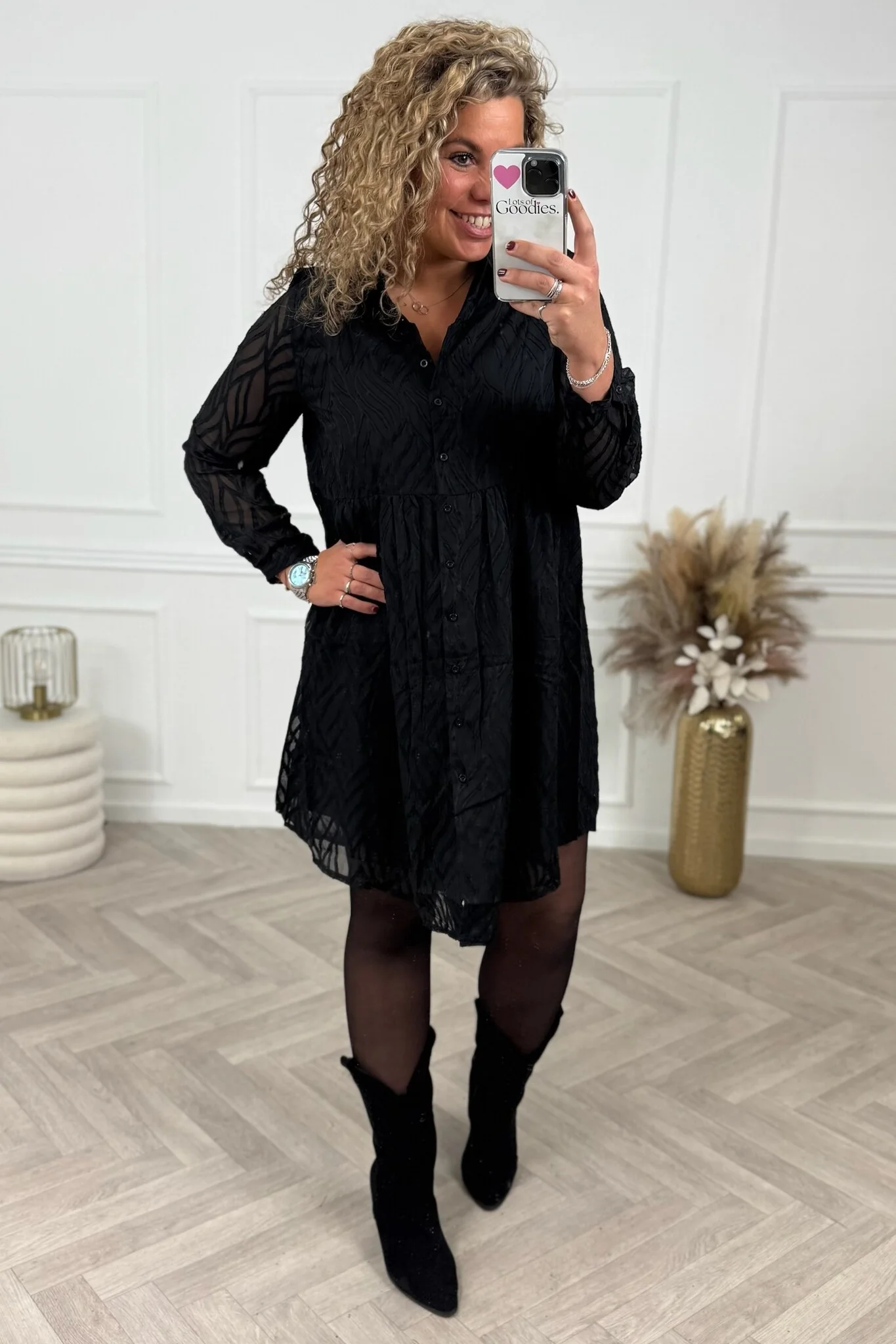 Short Leaves Blouse Dress - Black - Image 3