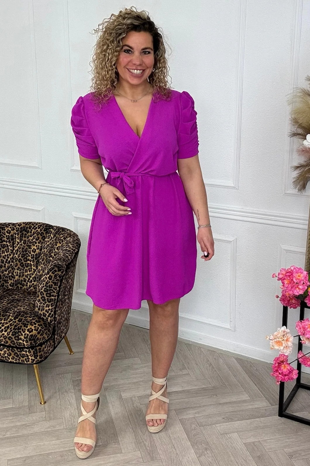 Short Puffy Sleeve Dress - Magenta - Image 3