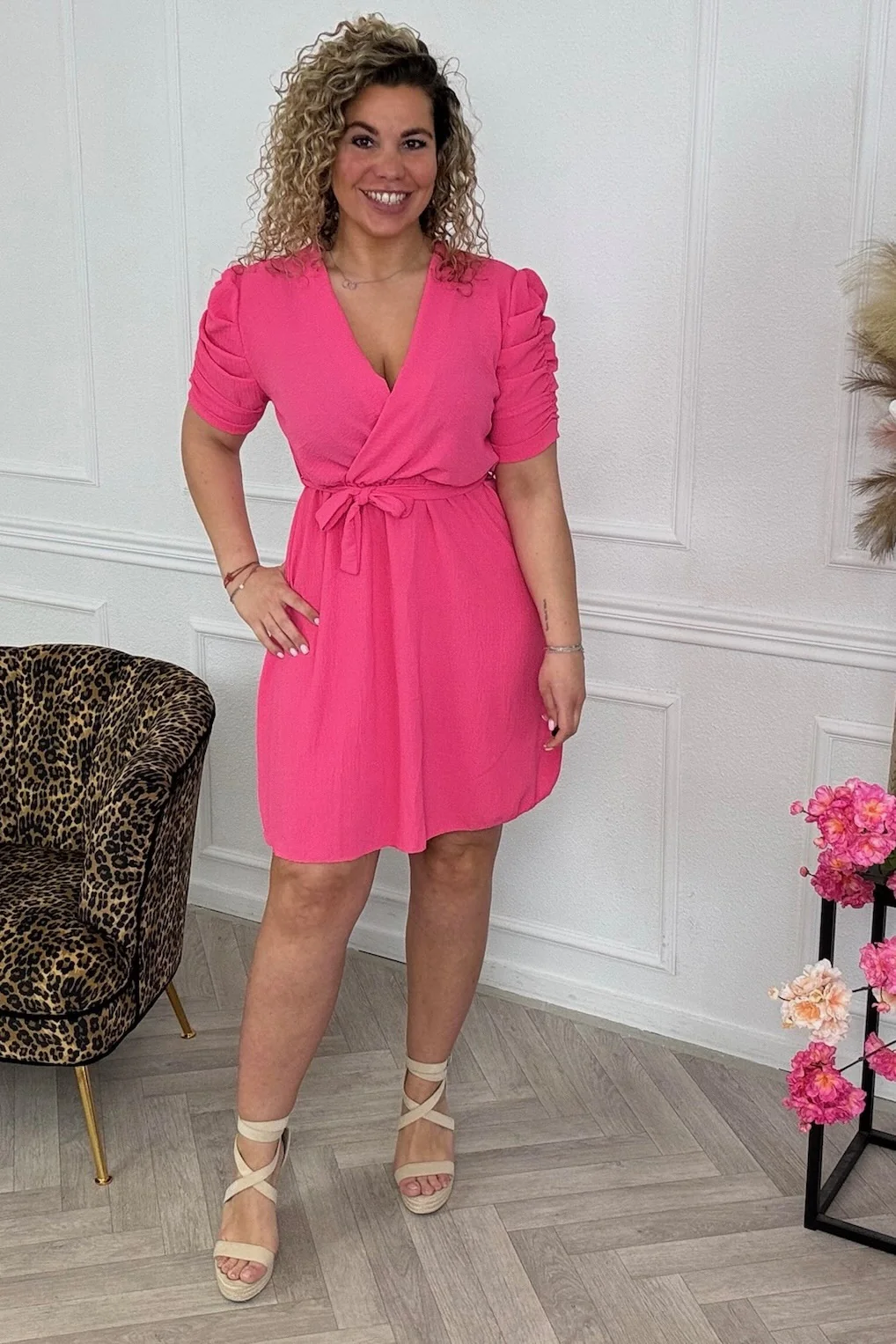 Short Puffy Sleeve Dress - Pink - Image 4