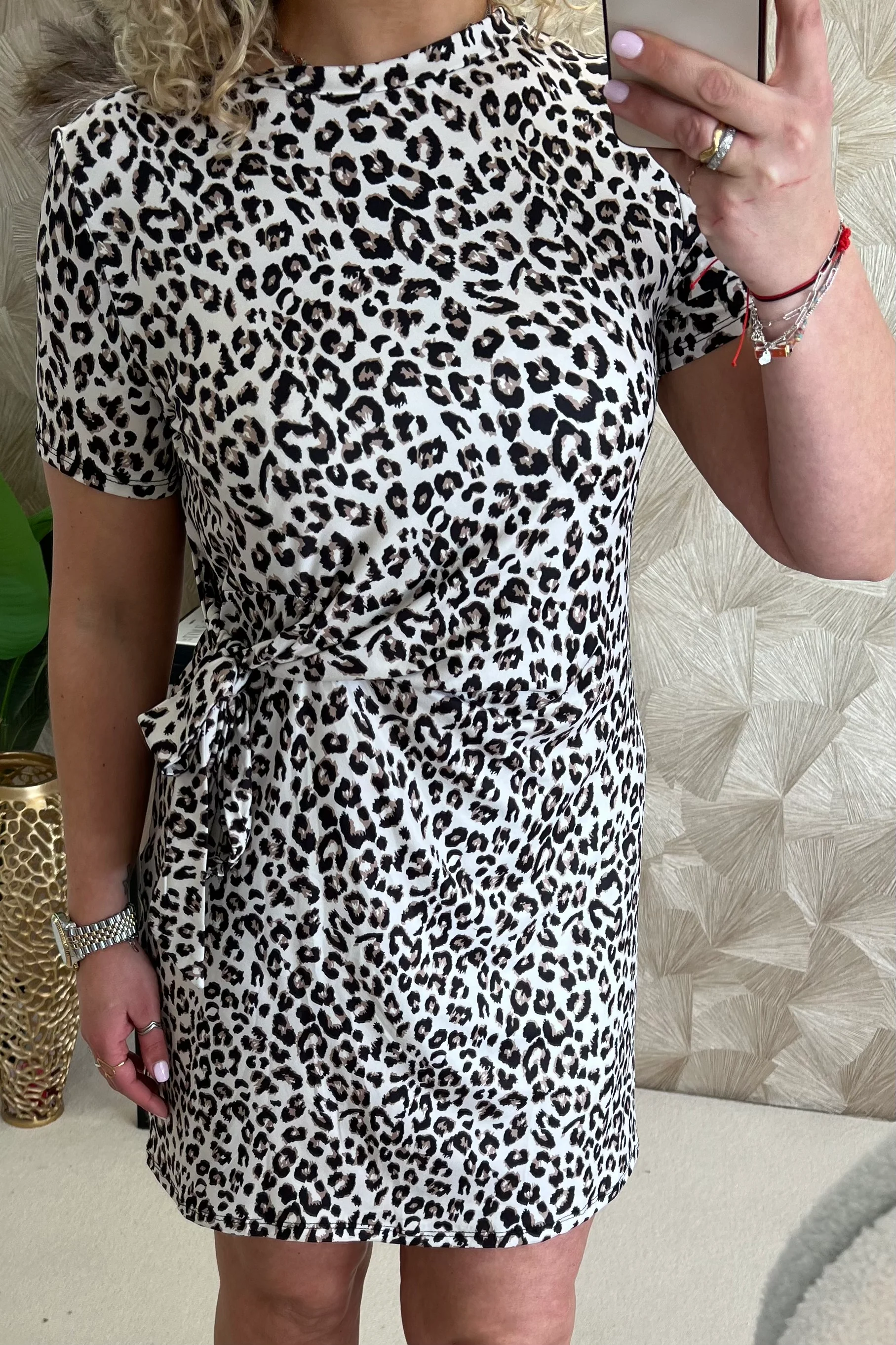 Short Side Strik Panther Dress - Beige/Brown