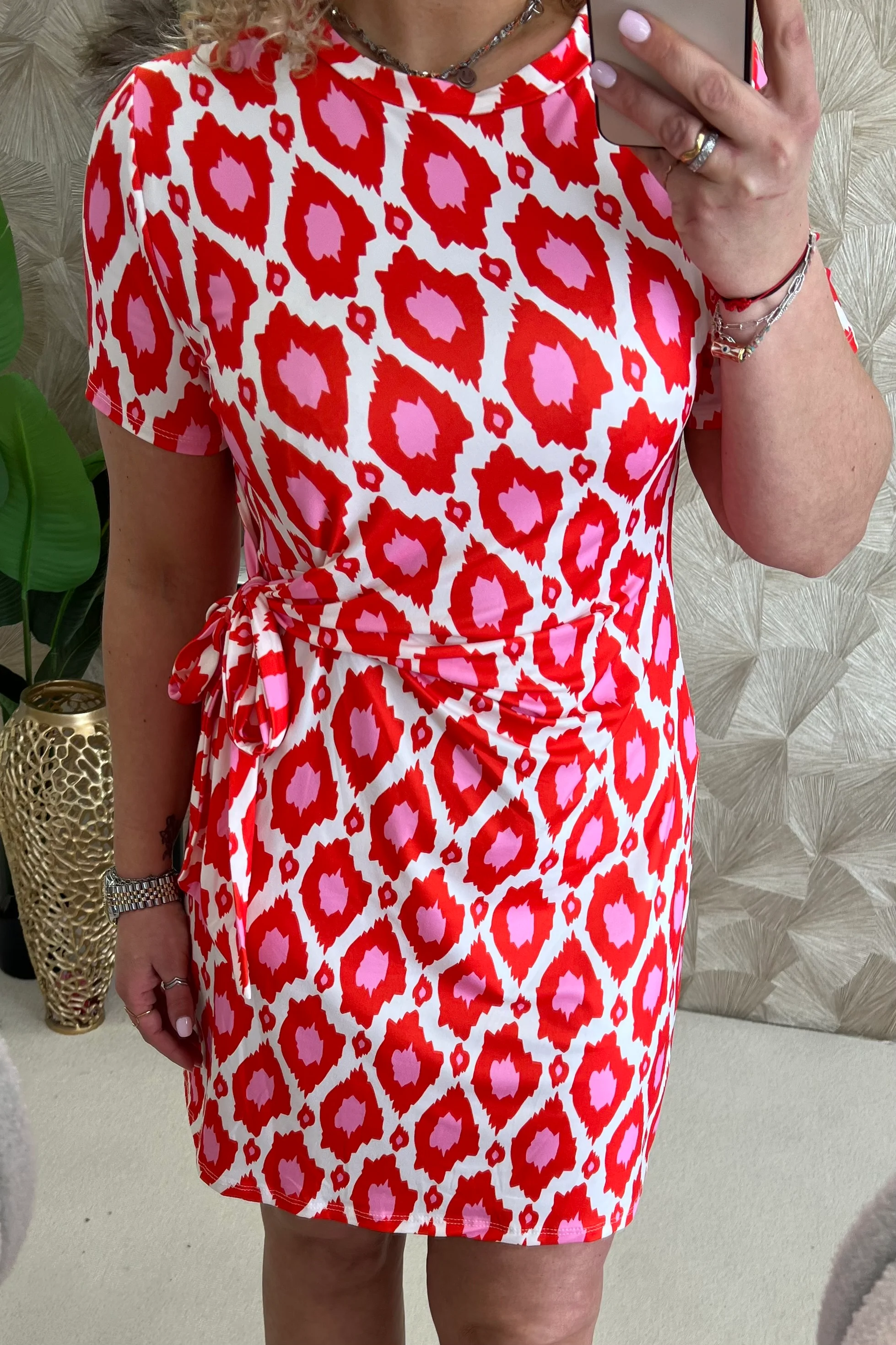 Short Side Strik Spots Dress - Red/Pink/White - Image 4