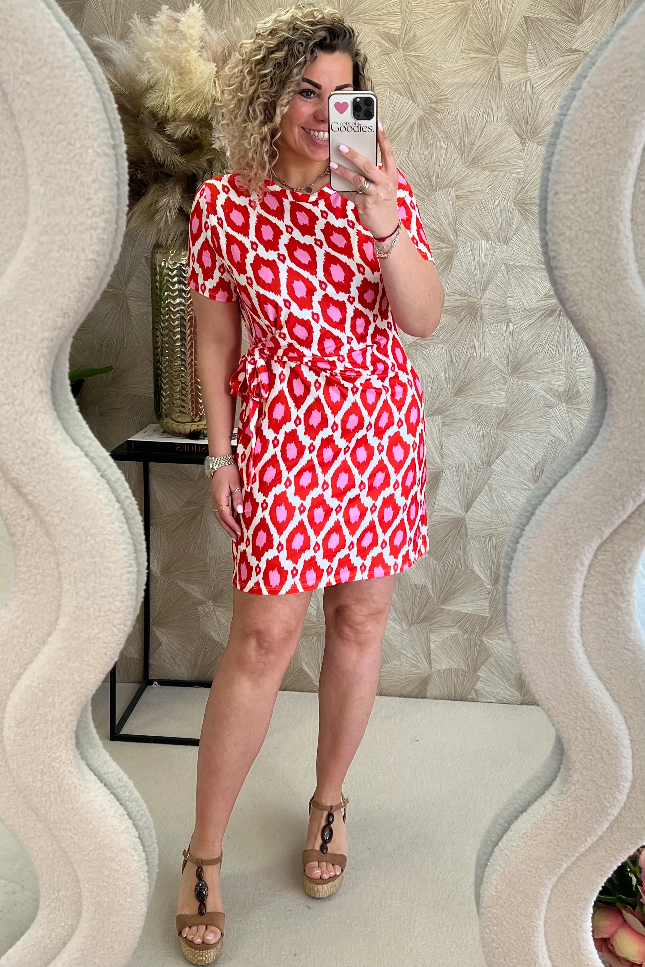 Short Side Strik Spots Dress - Red/Pink/White - Image 6