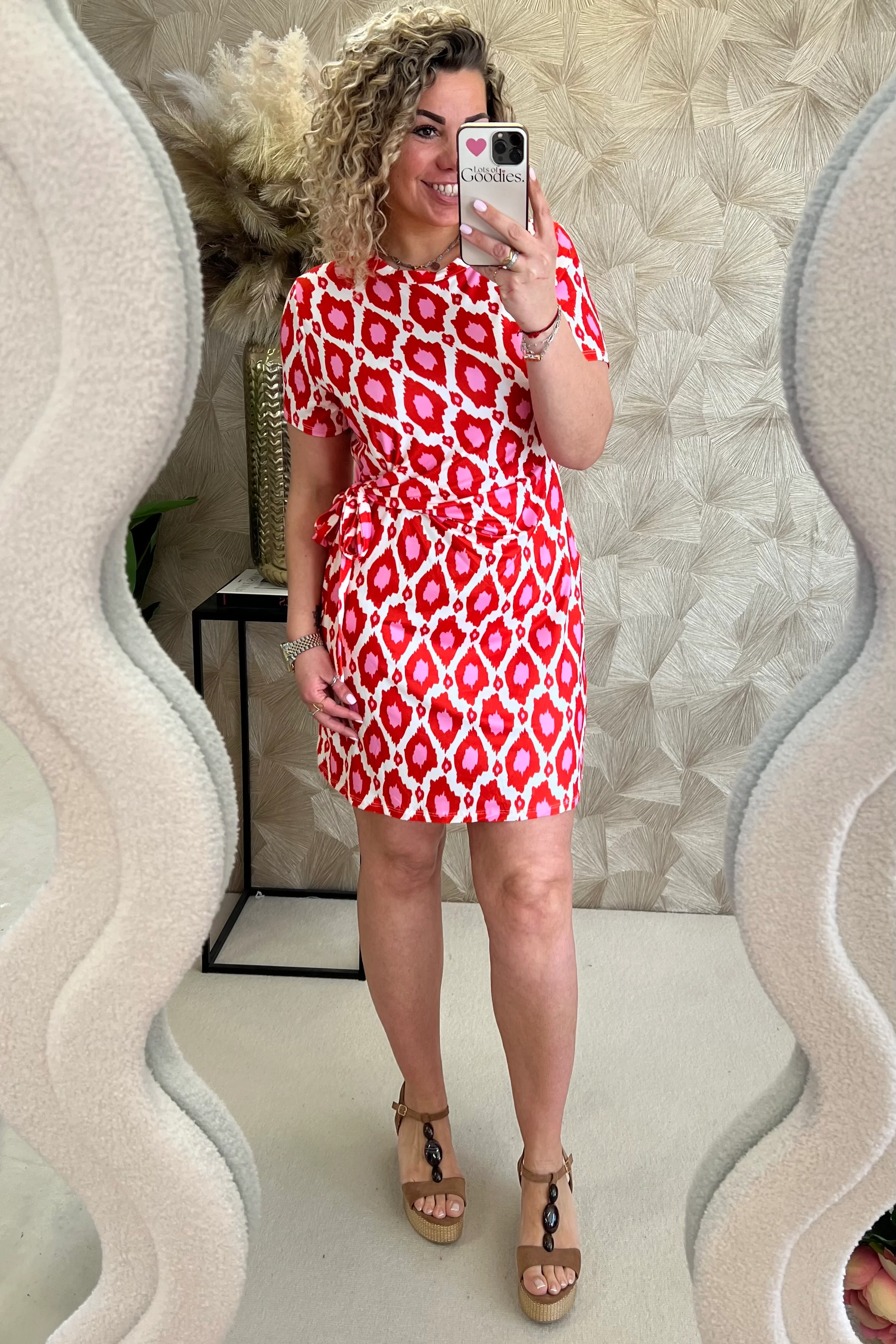Short Side Strik Spots Dress - Red/Pink/White - Image 7