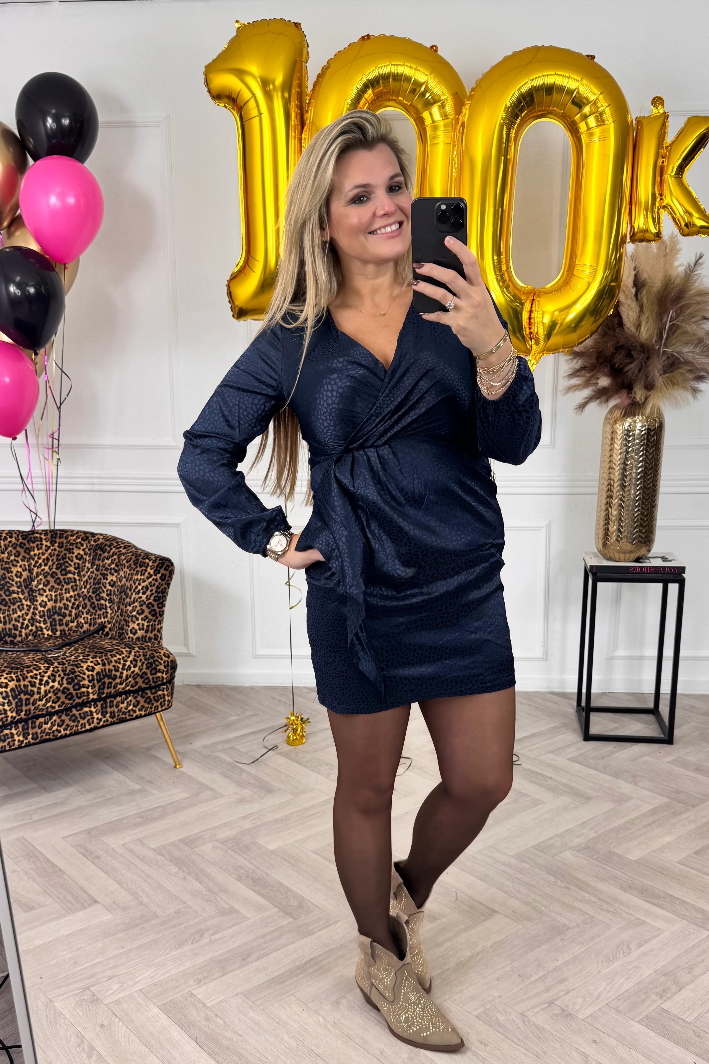Short Silk Dots Dress - Navy