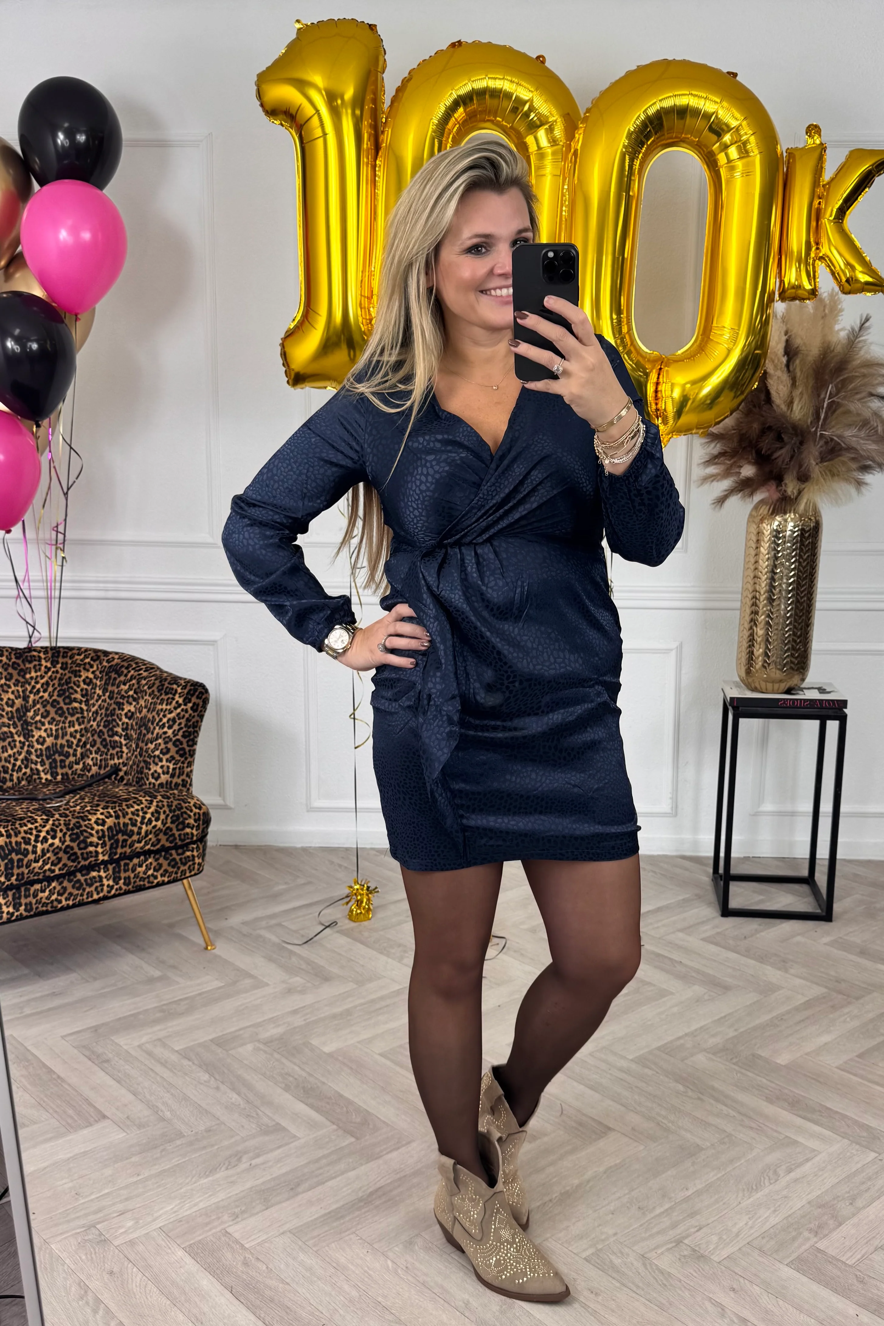 Short Silk Dots Dress - Navy - Image 2