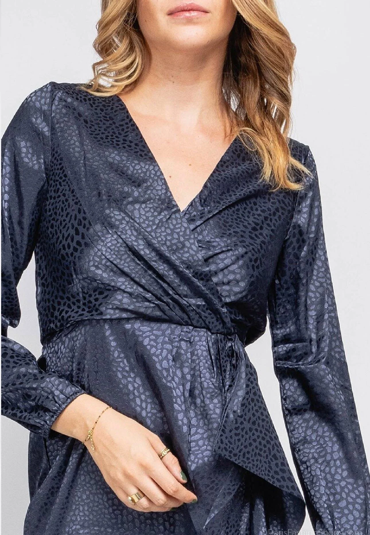 Short Silk Dots Dress - Navy - Image 3