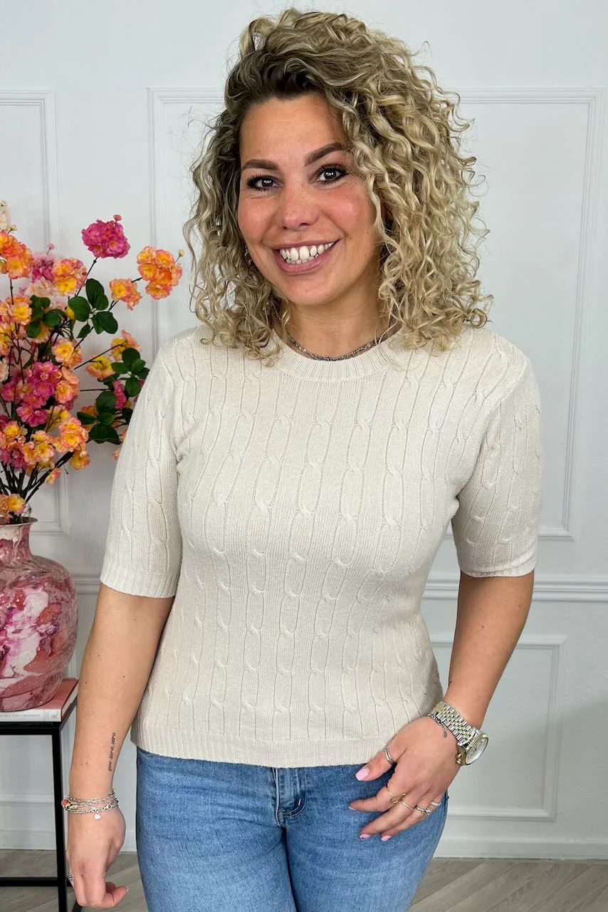 Short Sleeve Cable Sweater - Beige