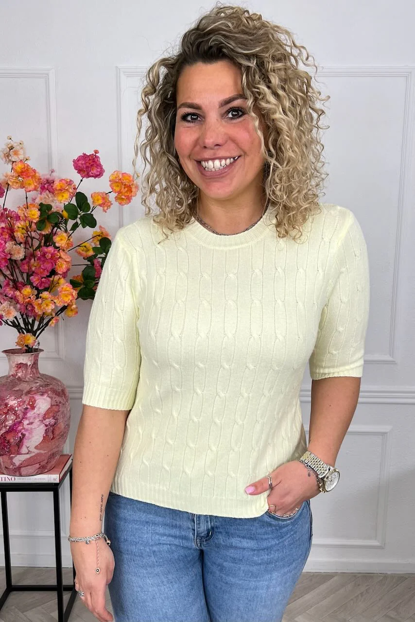 Short Sleeve Cable Sweater - Butter Yellow - Image 3