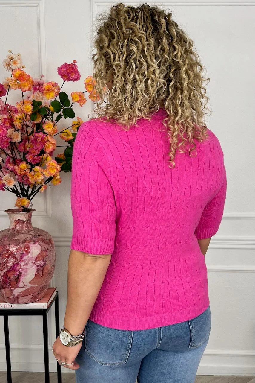 Short Sleeve Cable Sweater - Fuchsia - Image 2
