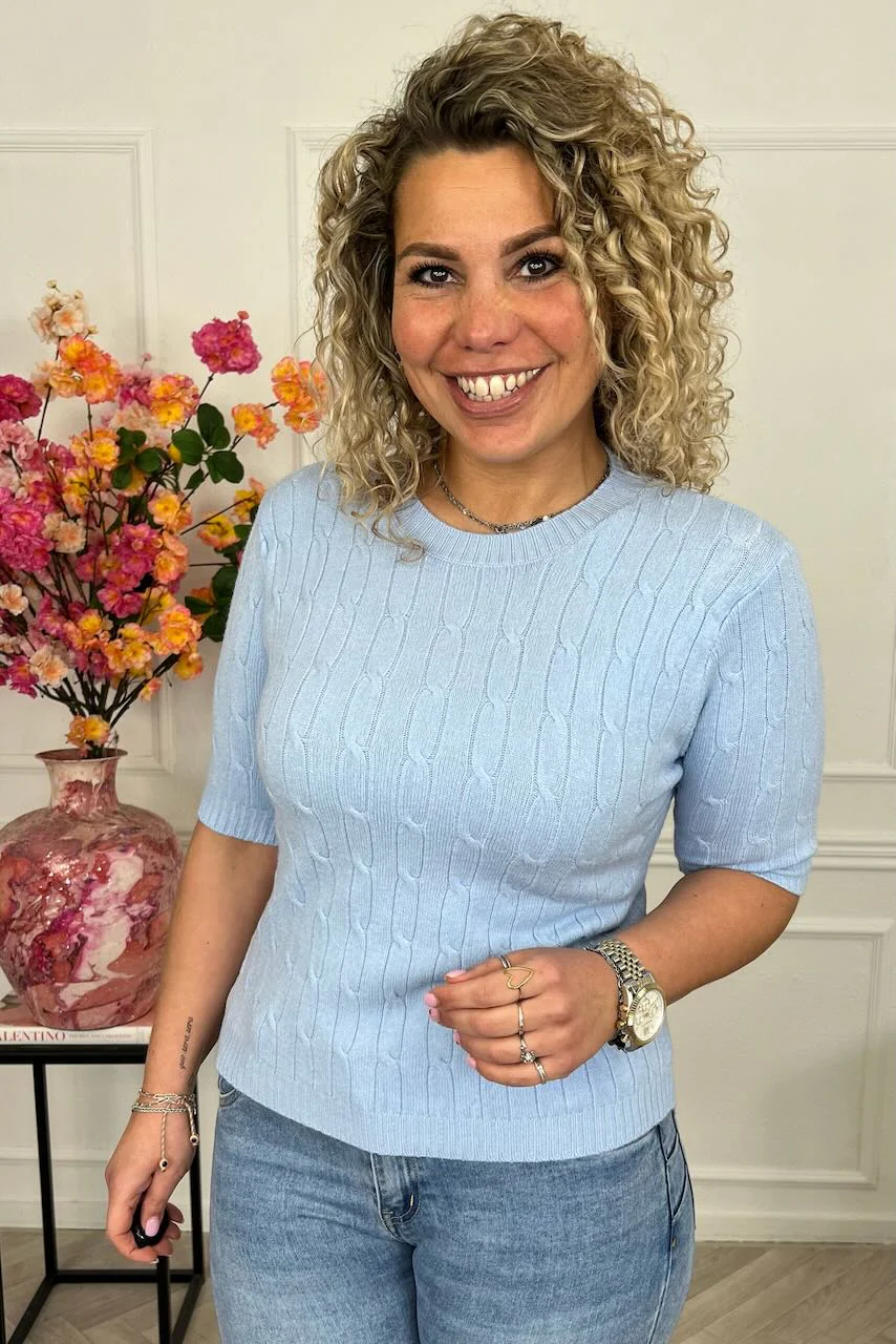 Short Sleeve Cable Sweater - Light Blue
