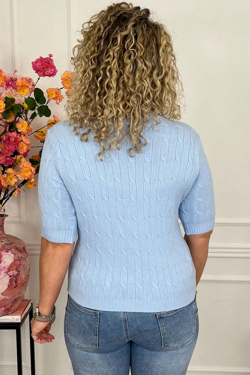 Short Sleeve Cable Sweater - Light Blue - Image 2