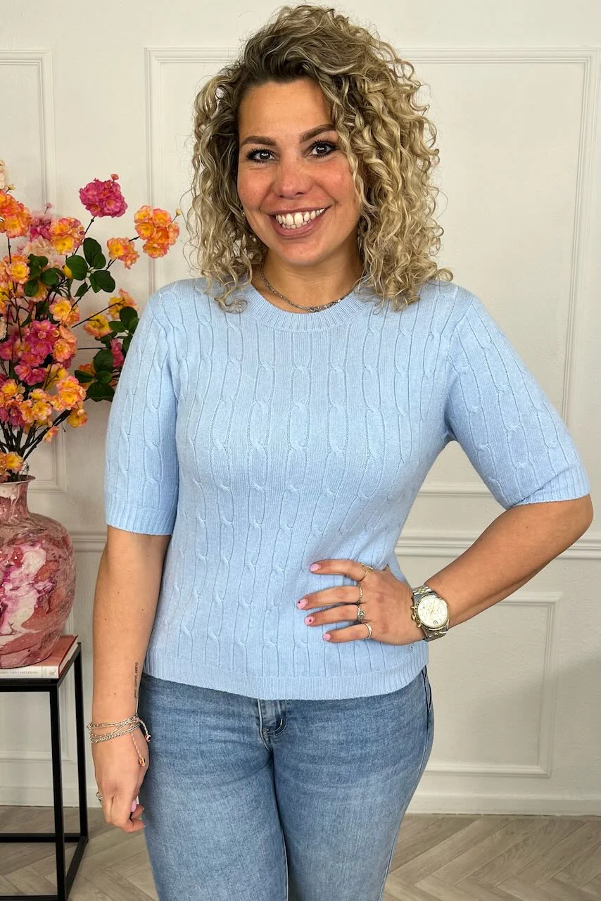 Short Sleeve Cable Sweater - Light Blue - Image 3