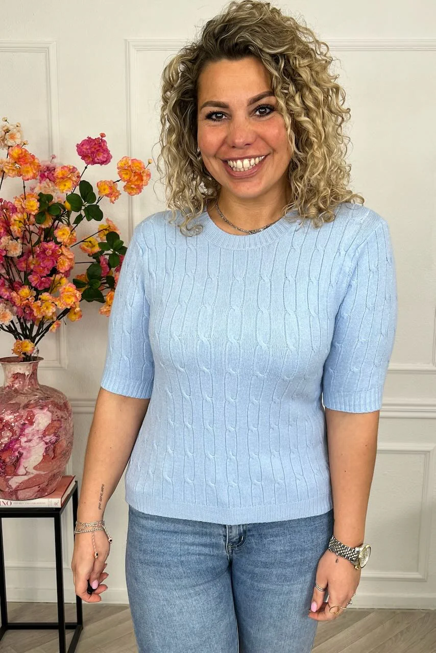 Short Sleeve Cable Sweater - Light Blue - Image 4