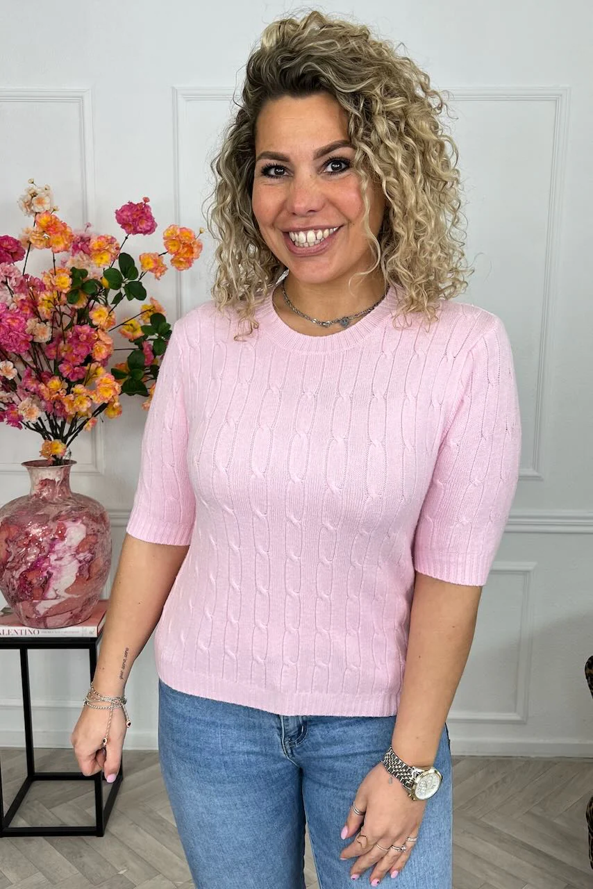 Short Sleeve Cable Sweater - Light Pink
