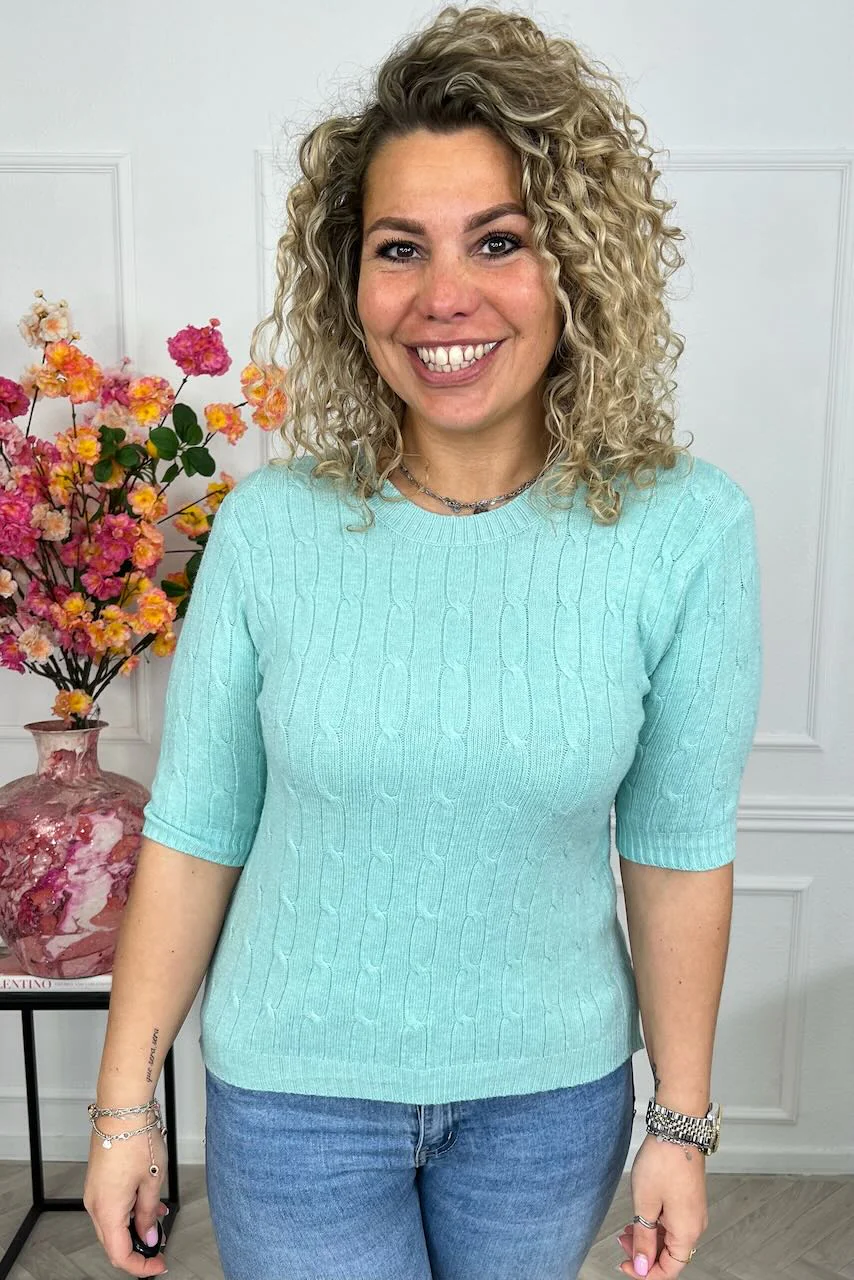 Short Sleeve Cable Sweater - Mint - Image 3