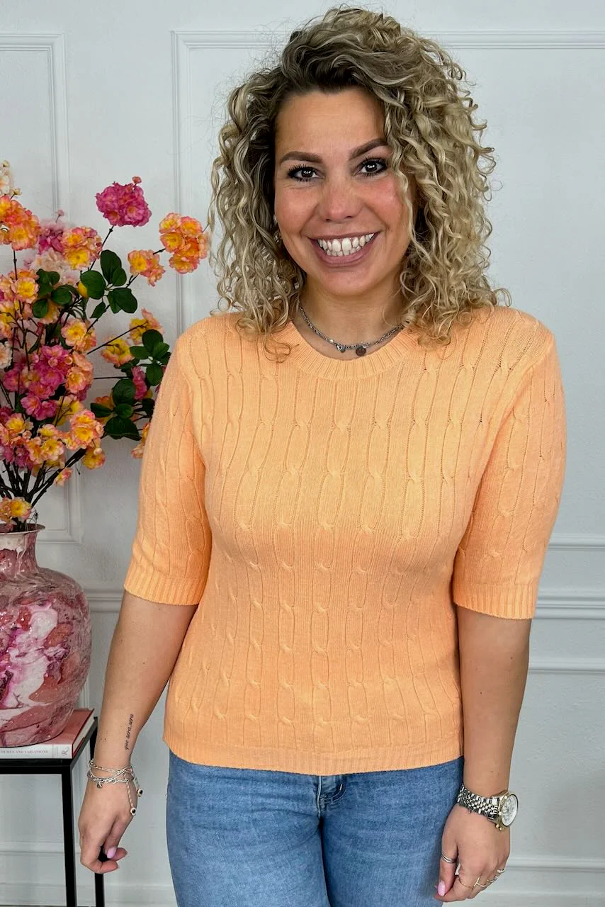 Short Sleeve Cable Sweater - Peach