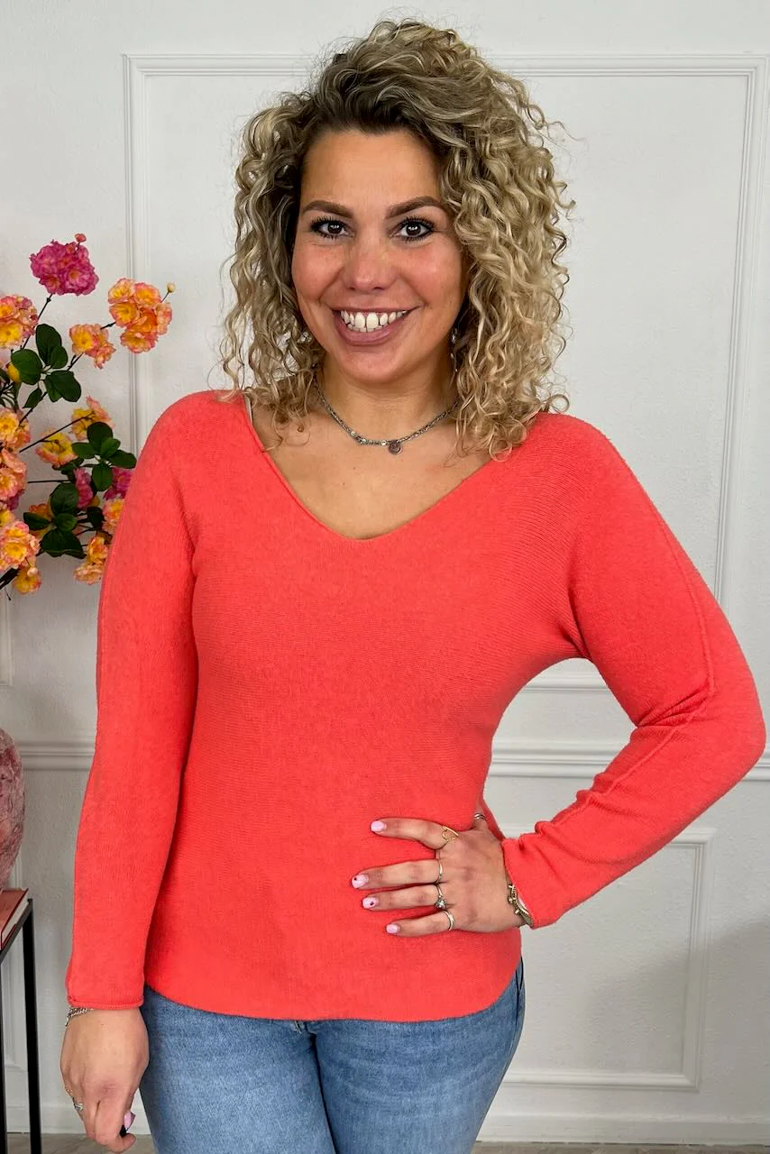 Long Sleeve Macy V Sweater - Coral - Image 3