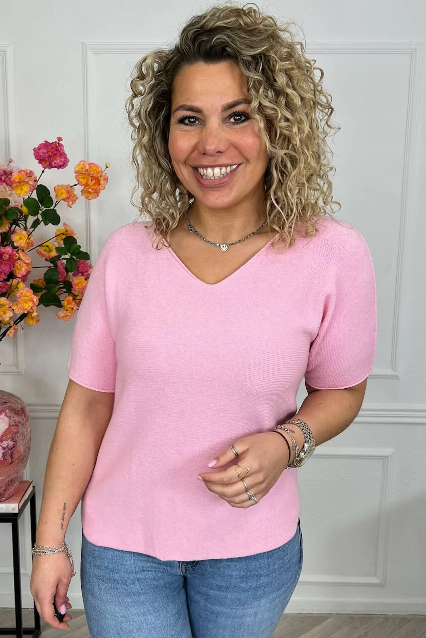 Short Sleeve Macy V Sweater - Pink - Image 3