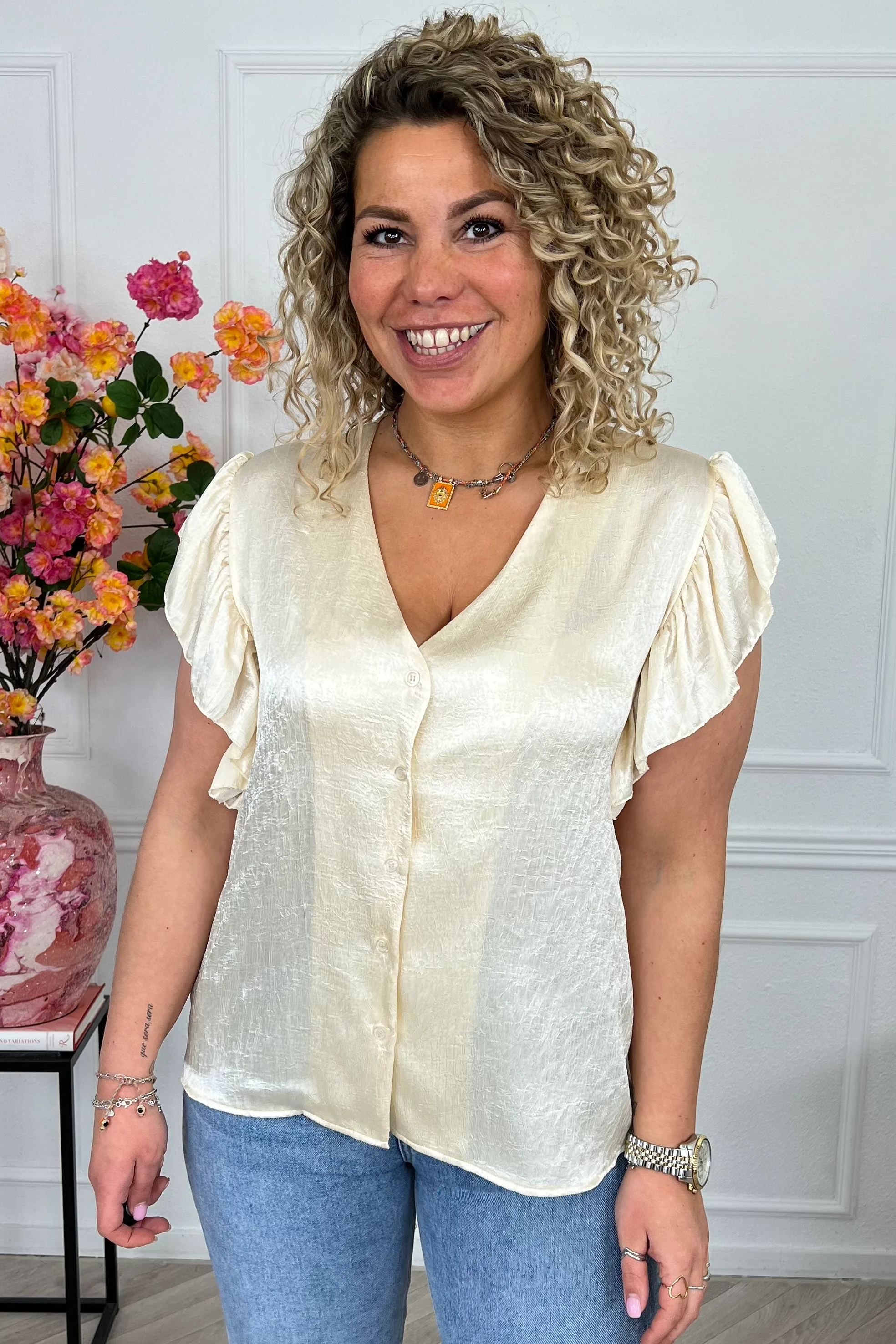 Short Sleeve Ruffle Blouse - Beige