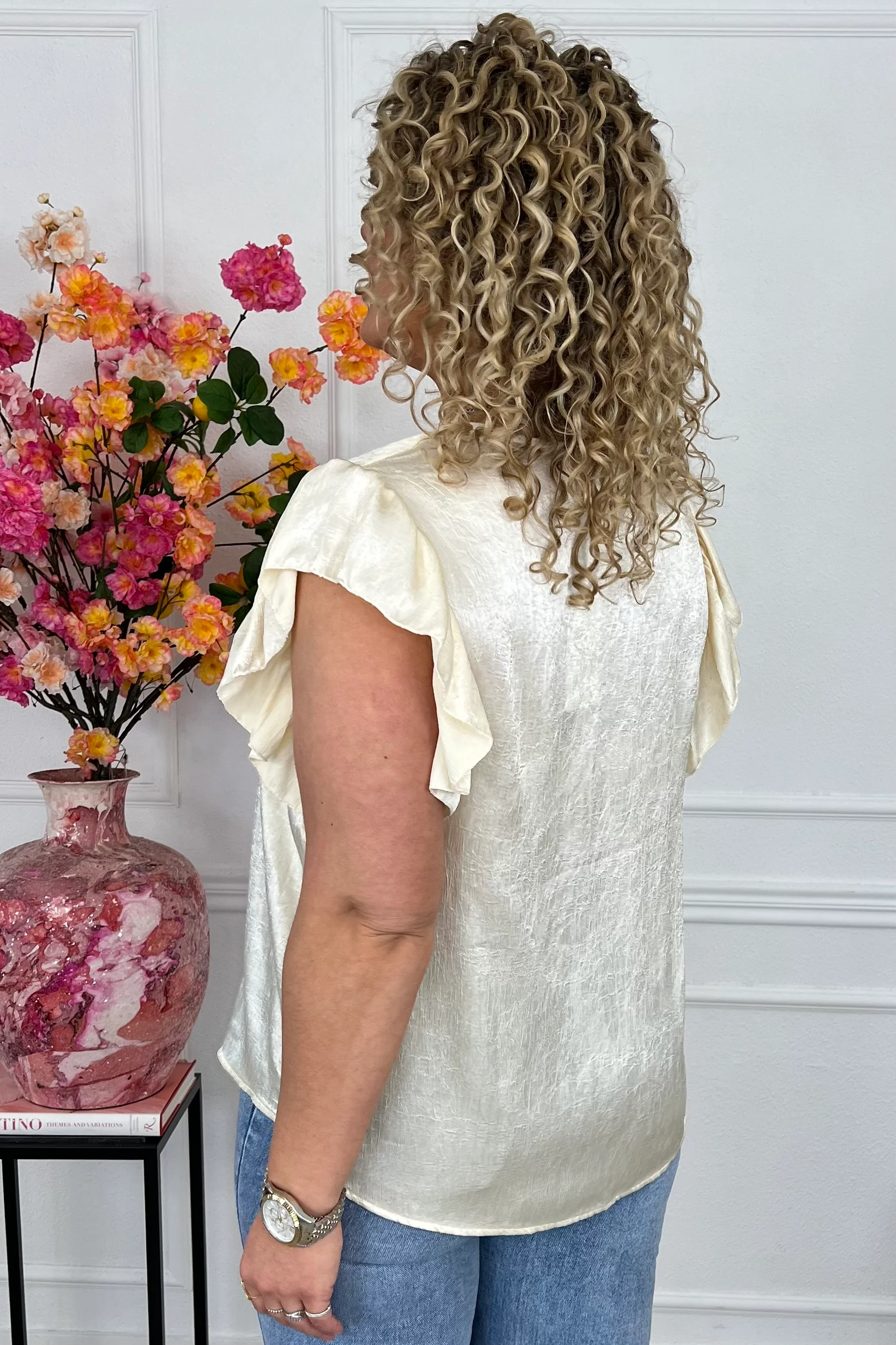 Short Sleeve Ruffle Blouse - Beige - Image 2