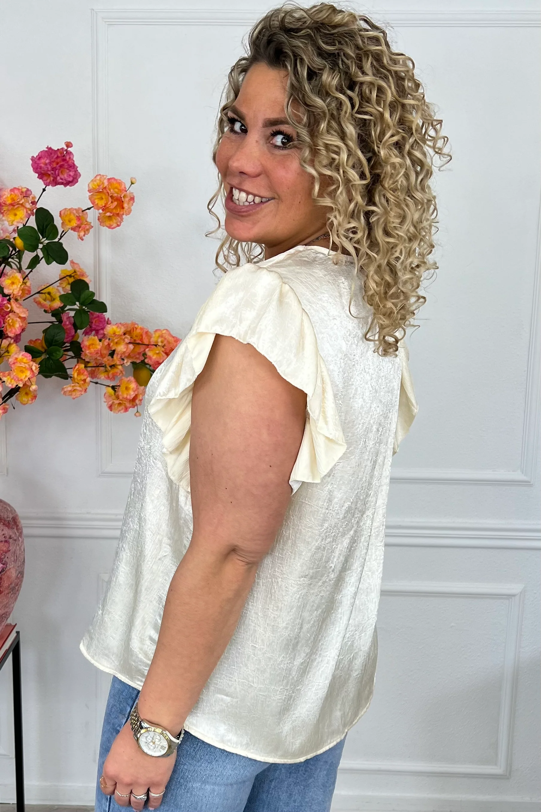 Short Sleeve Ruffle Blouse - Beige - Image 3