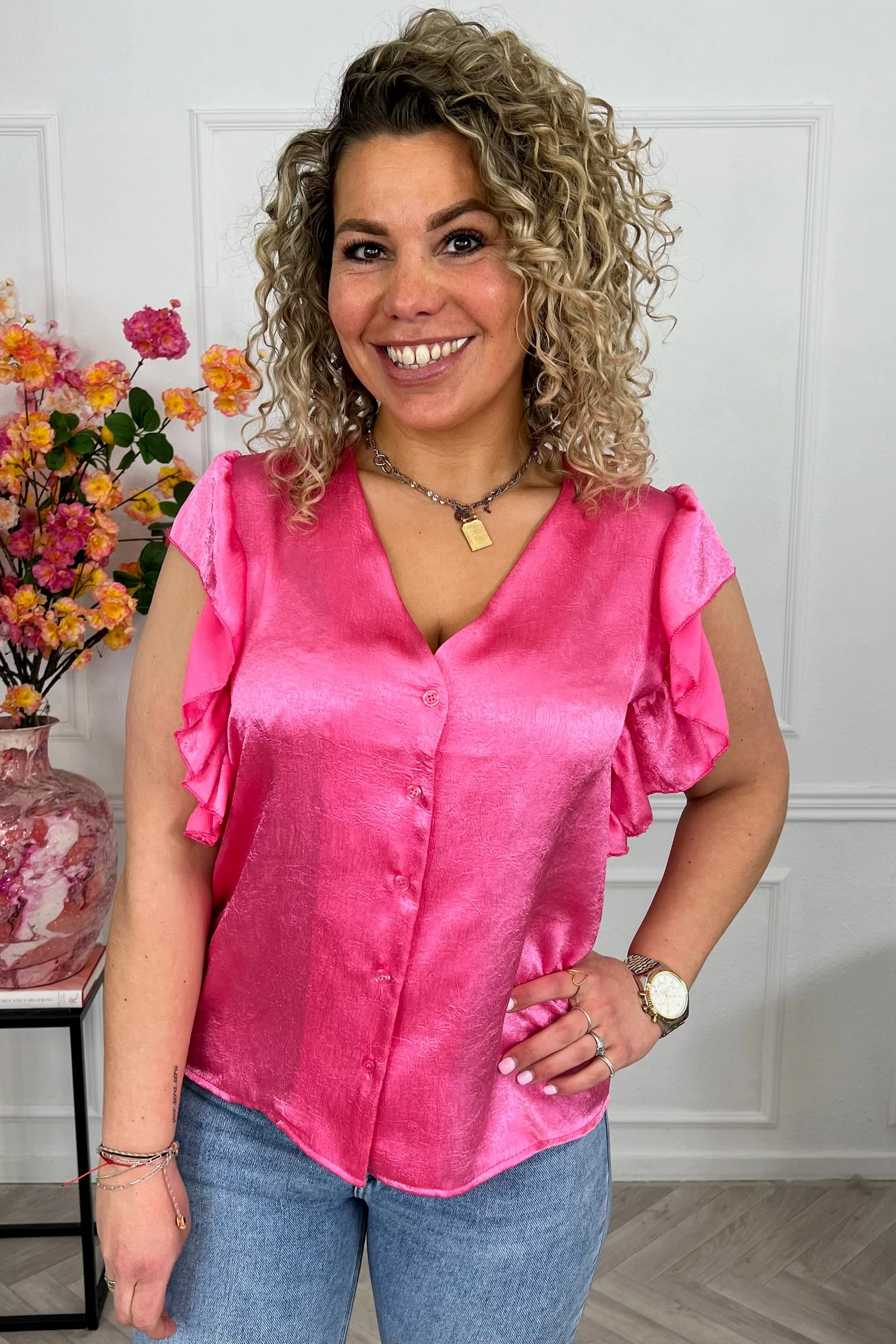 Short Sleeve Ruffle Blouse - Coral