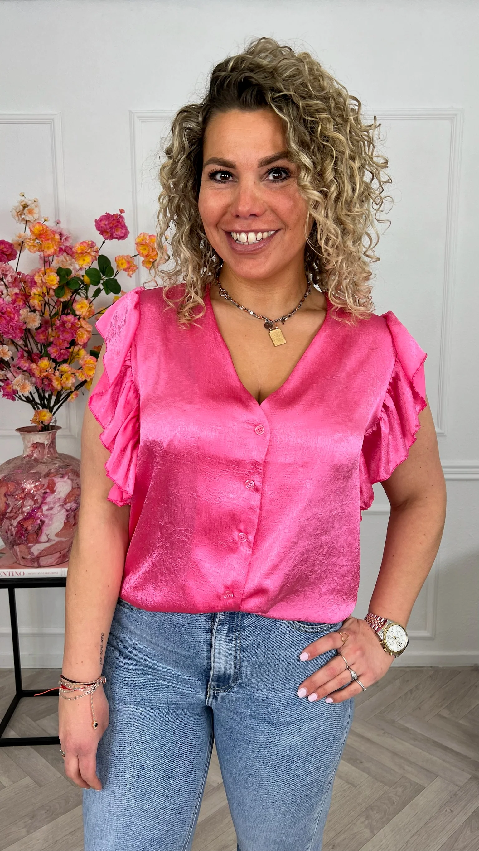 Short Sleeve Ruffle Blouse - Coral - Image 4