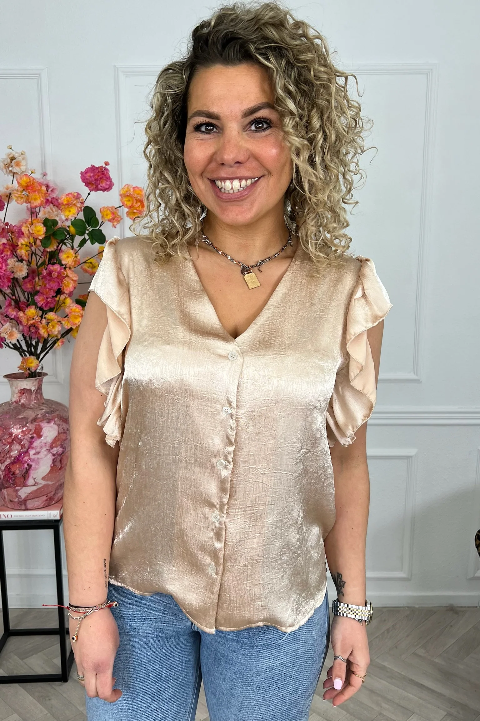 Short Sleeve Ruffle Blouse - Light Camel - Image 2