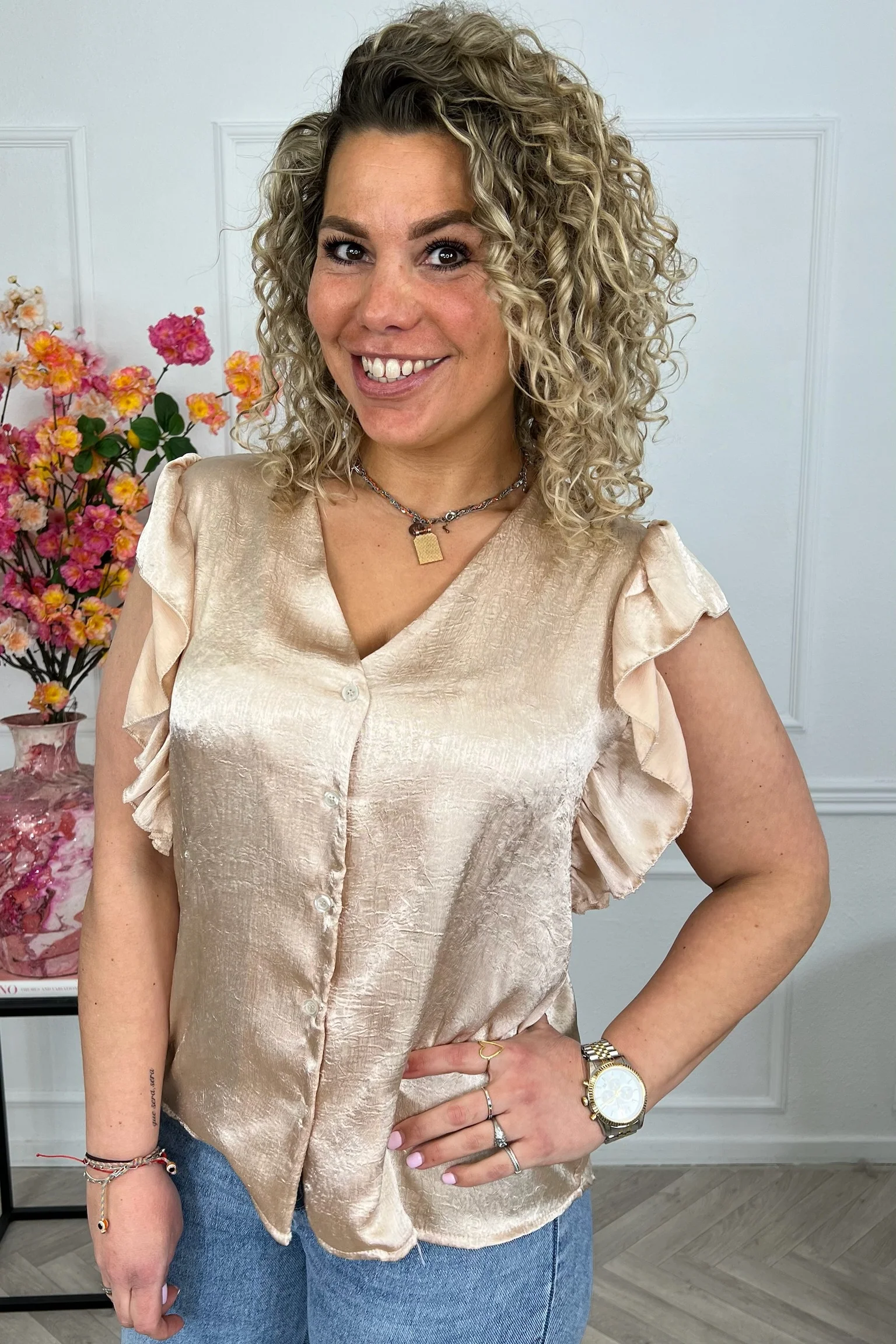 Short Sleeve Ruffle Blouse - Light Camel - Image 3