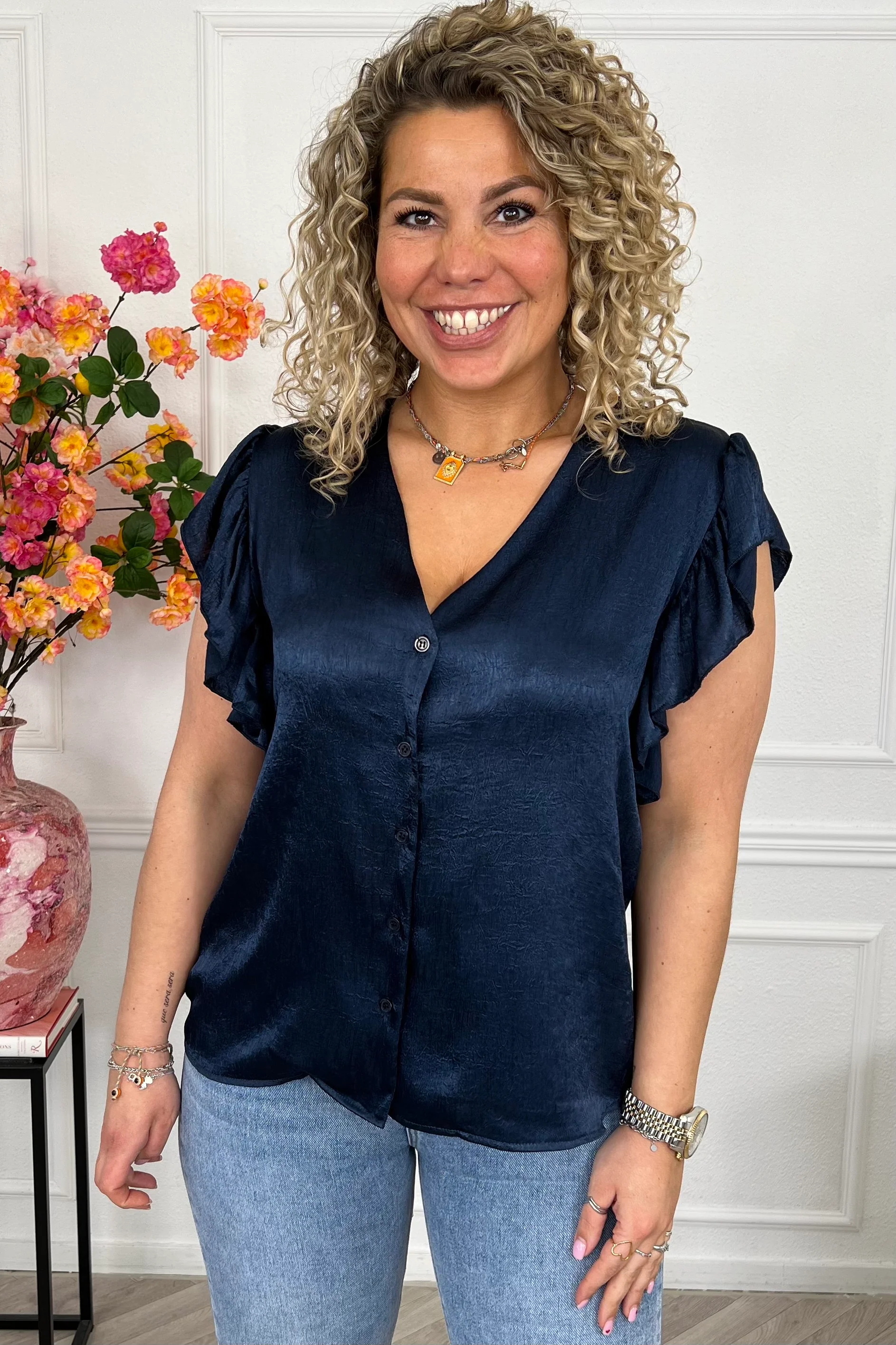 Short Sleeve Ruffle Blouse - Navy