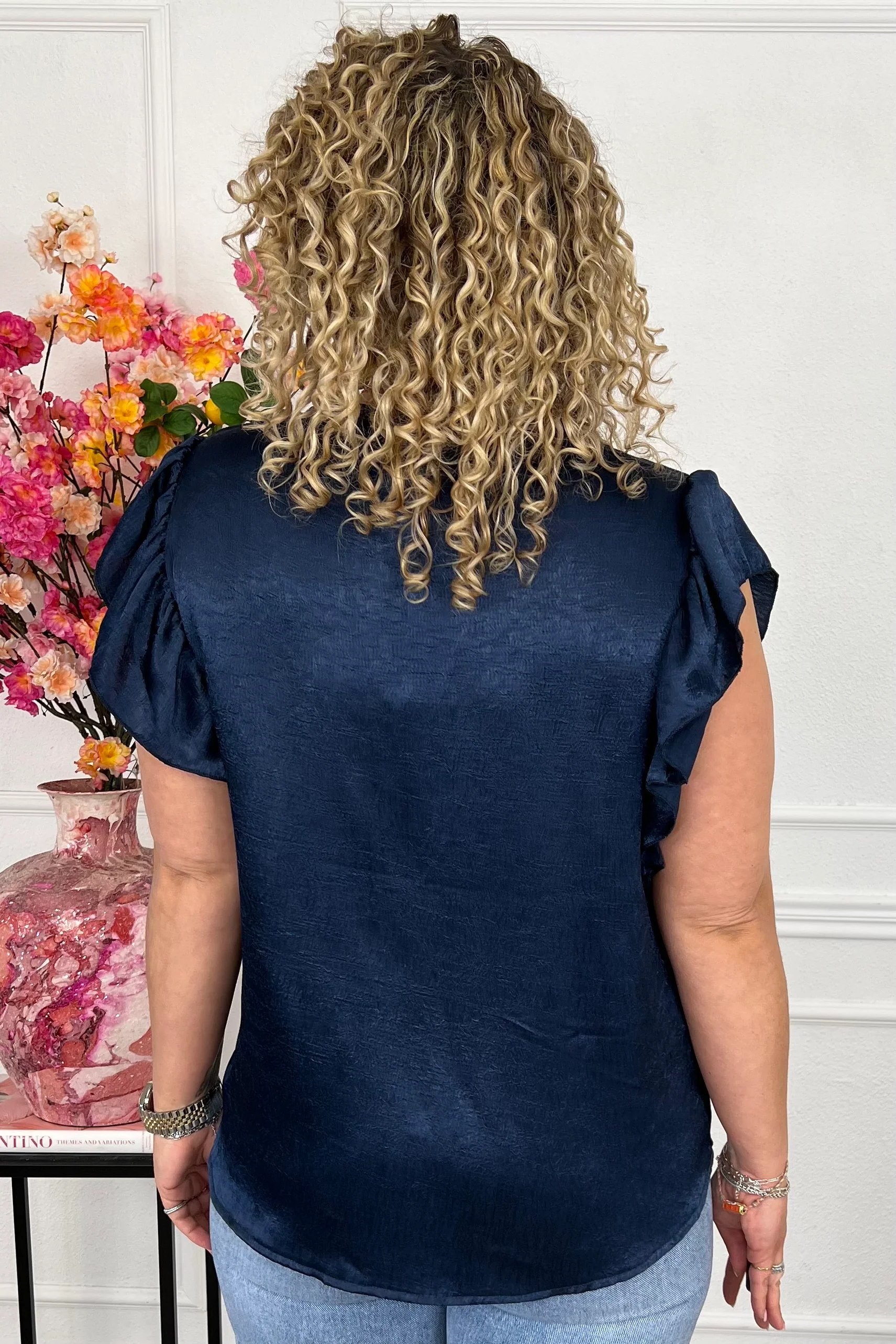 Short Sleeve Ruffle Blouse - Navy - Image 2