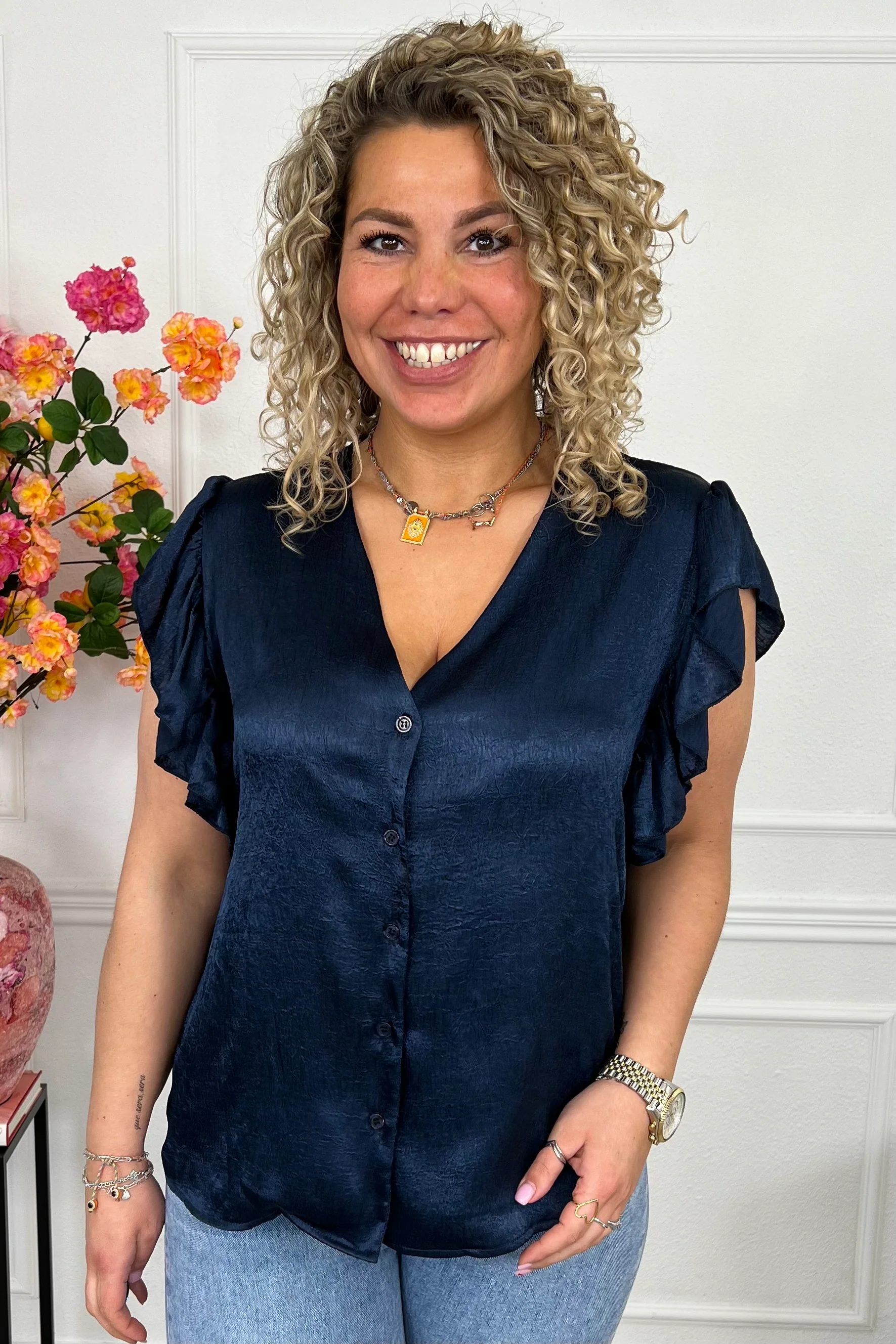 Short Sleeve Ruffle Blouse - Navy - Image 3