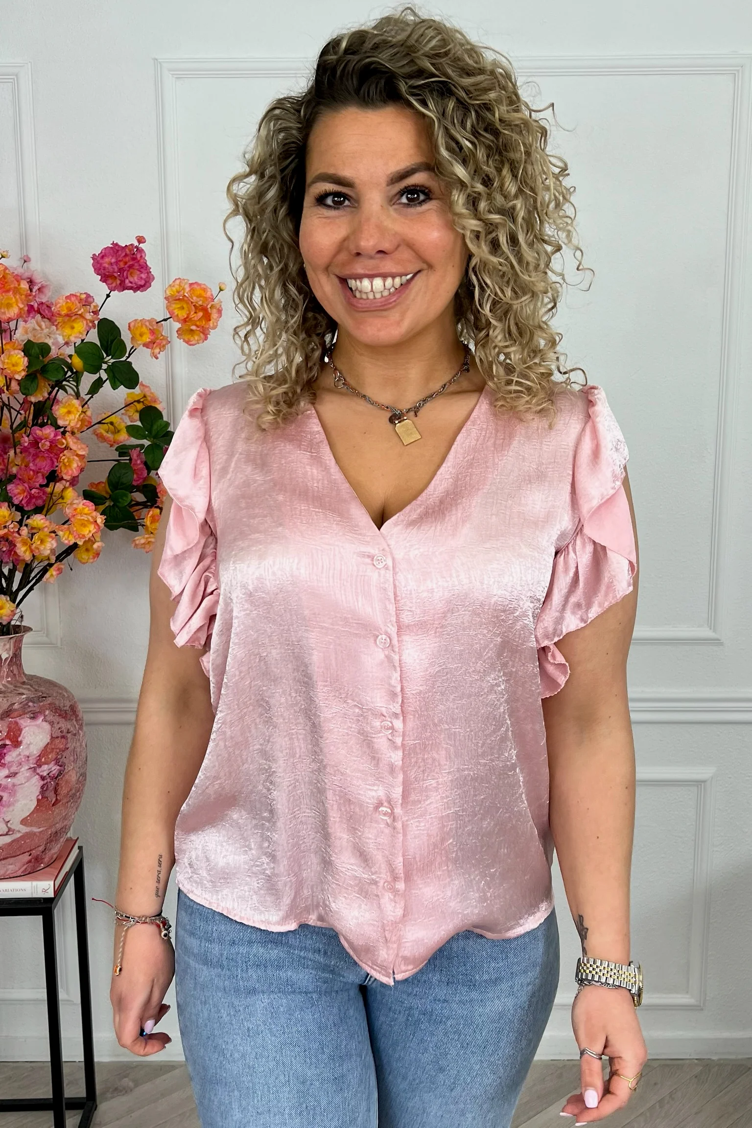 Short Sleeve Ruffle Blouse - Soft Pink - Image 2