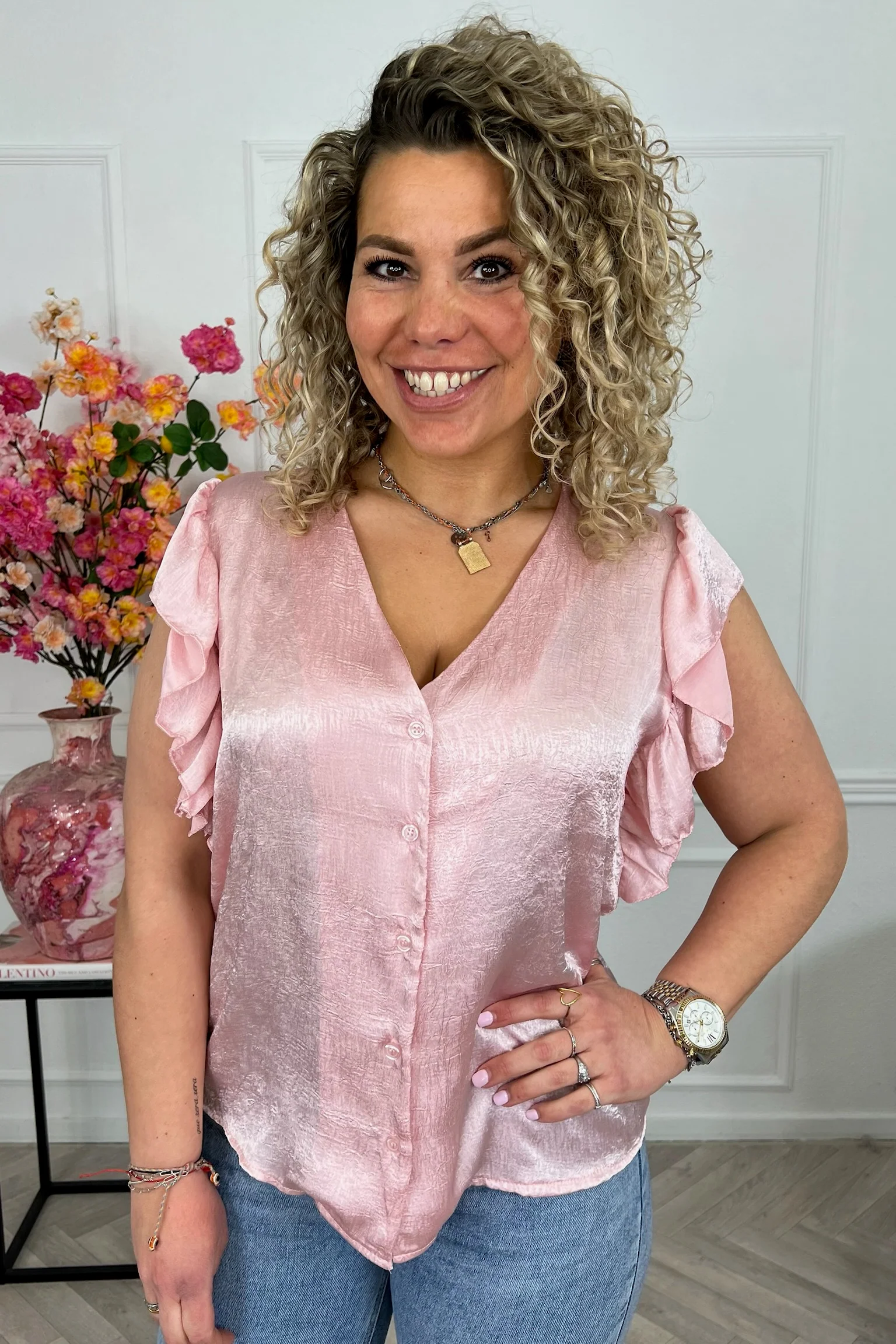 Short Sleeve Ruffle Blouse - Soft Pink - Image 3