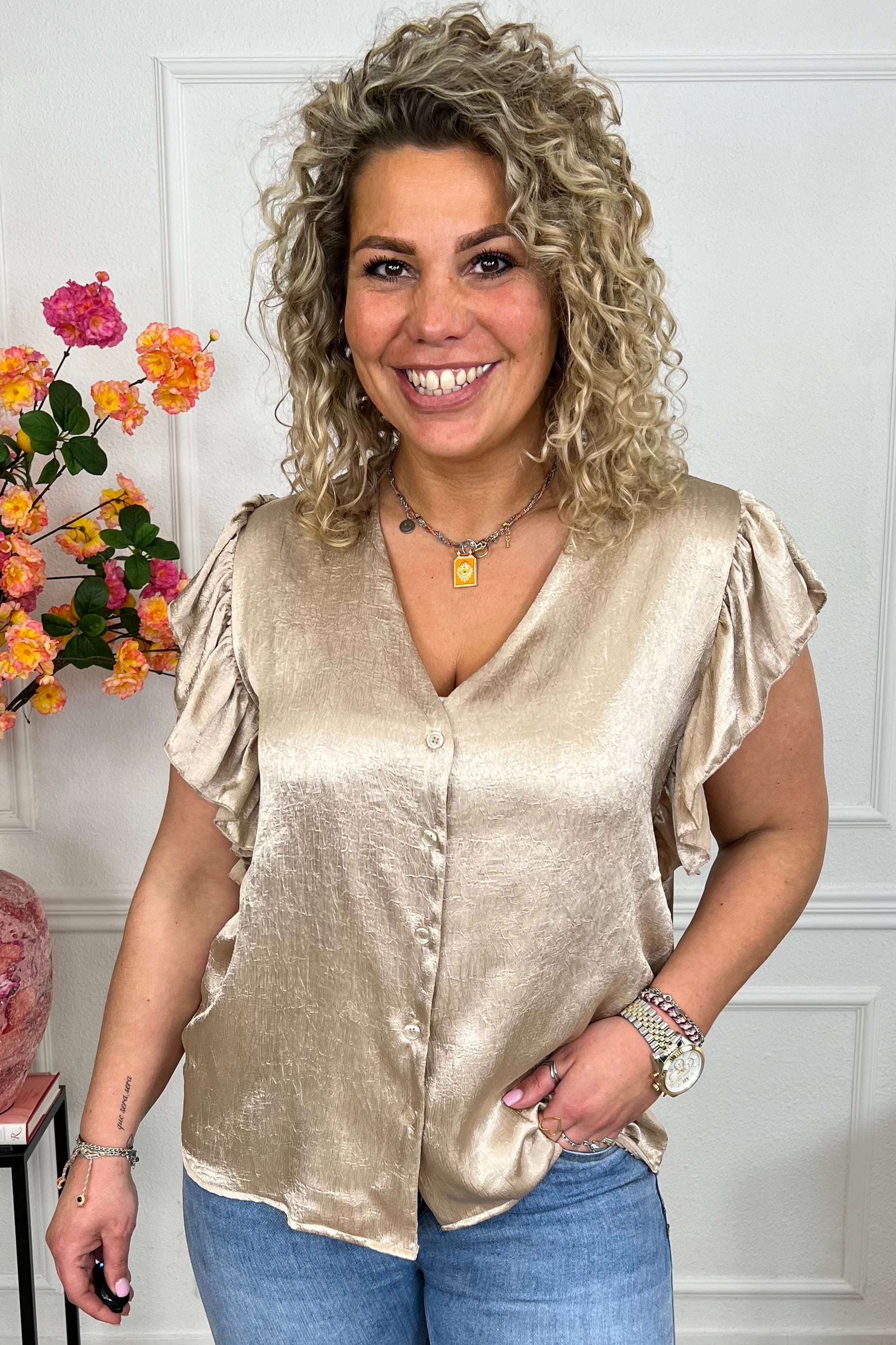 Short Sleeve Ruffle Blouse - Taupe