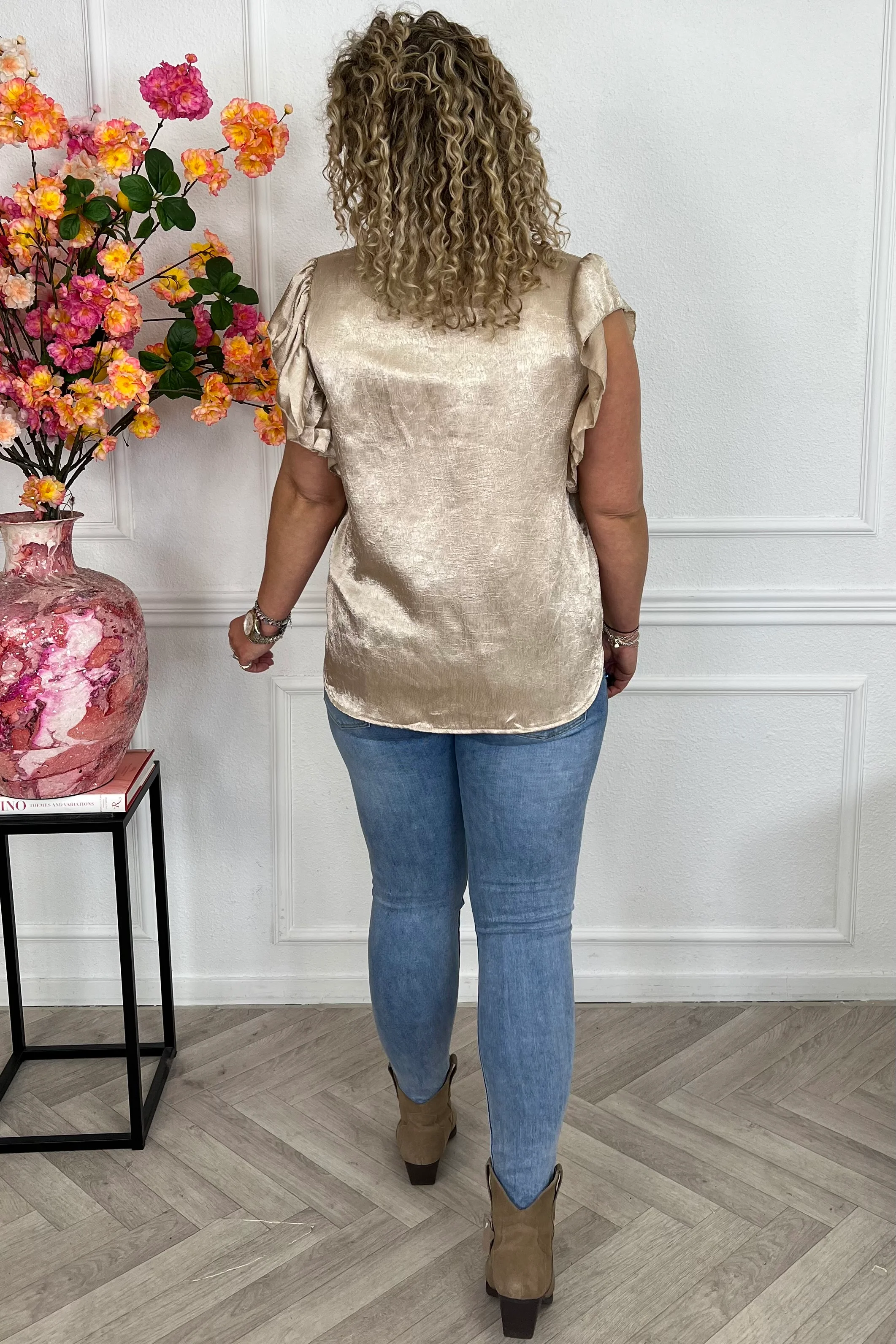 Short Sleeve Ruffle Blouse - Taupe - Image 2