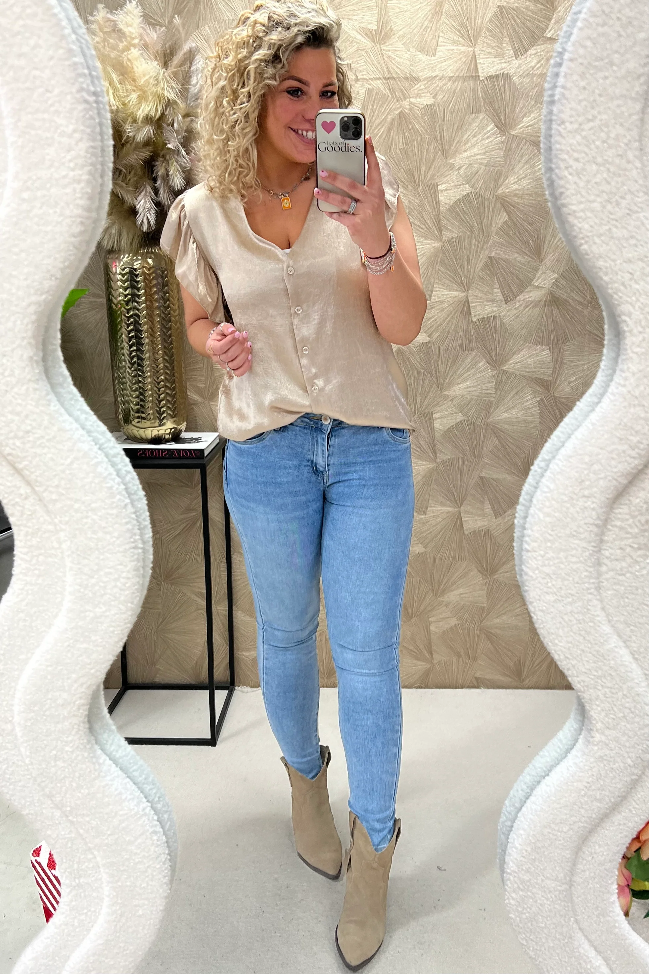 Short Sleeve Ruffle Blouse - Taupe - Image 3