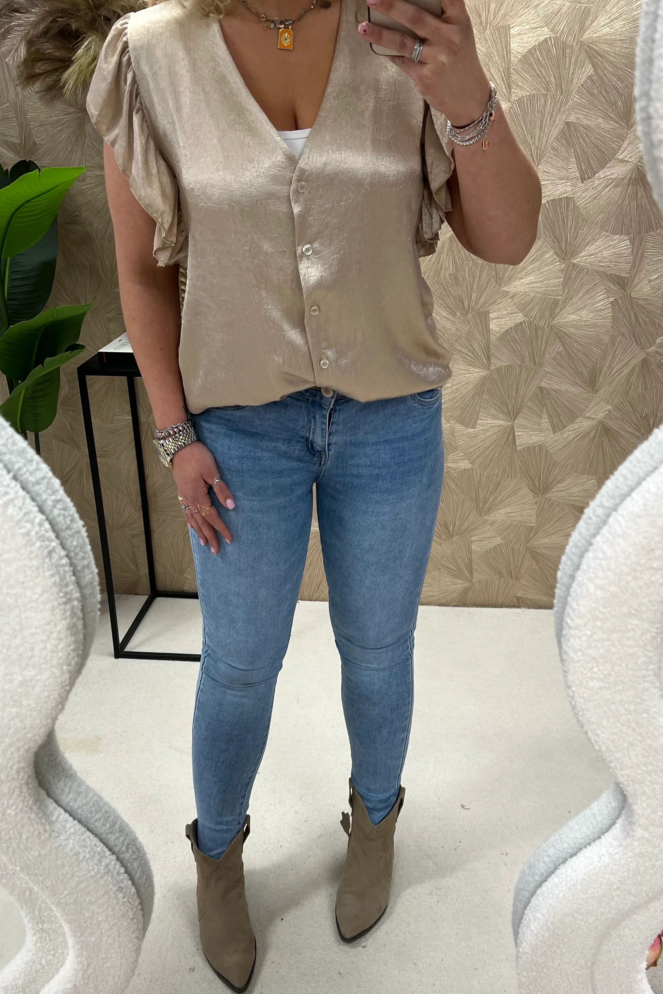 Short Sleeve Ruffle Blouse - Taupe - Image 4