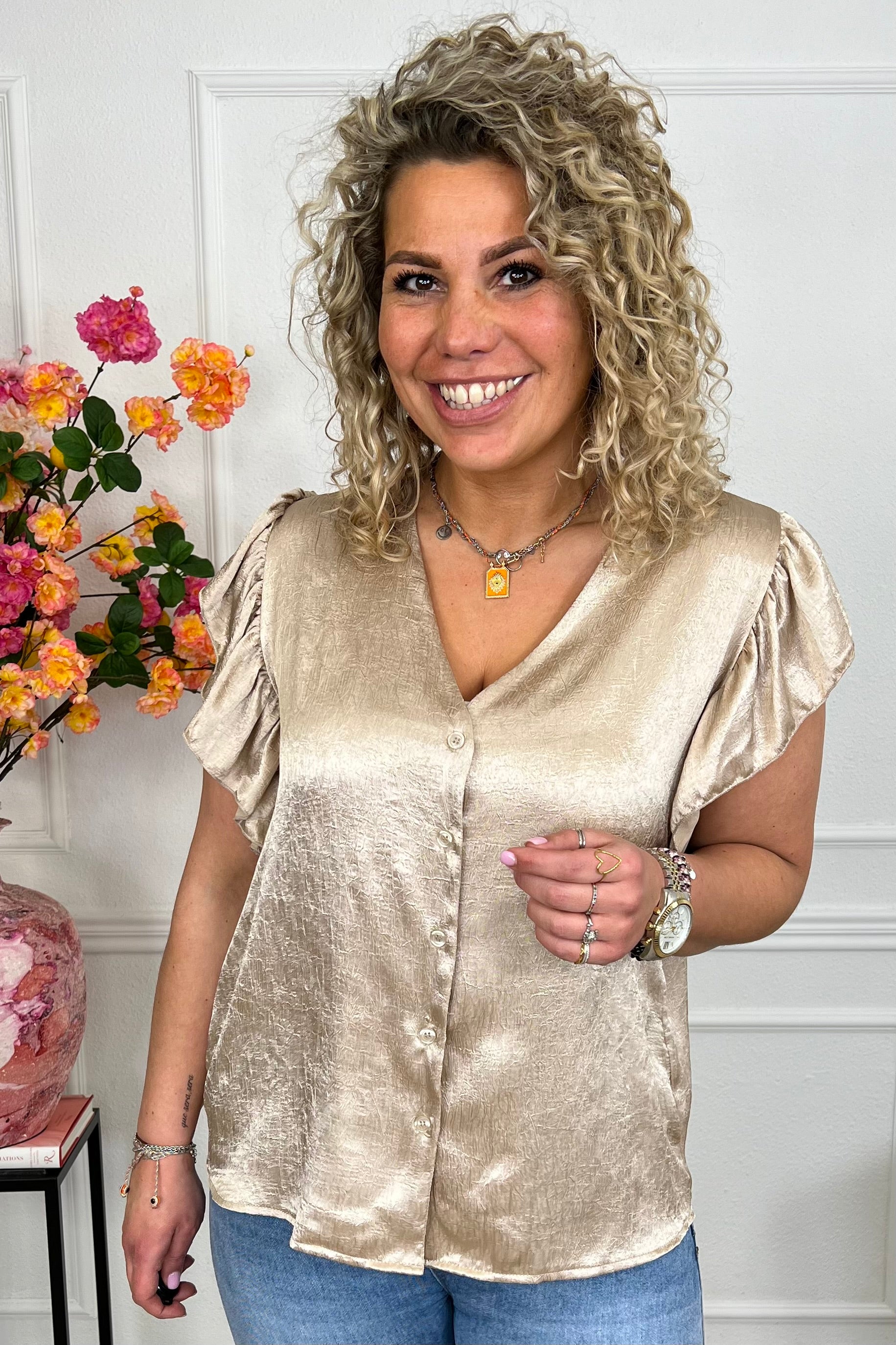 Short Sleeve Ruffle Blouse - Taupe - Image 5