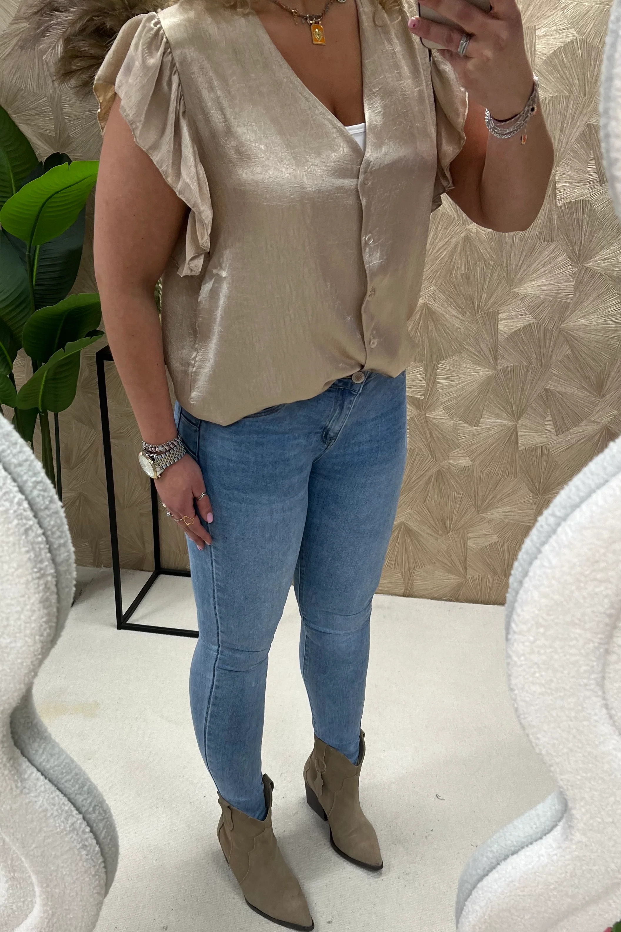 Short Sleeve Ruffle Blouse - Taupe - Image 6