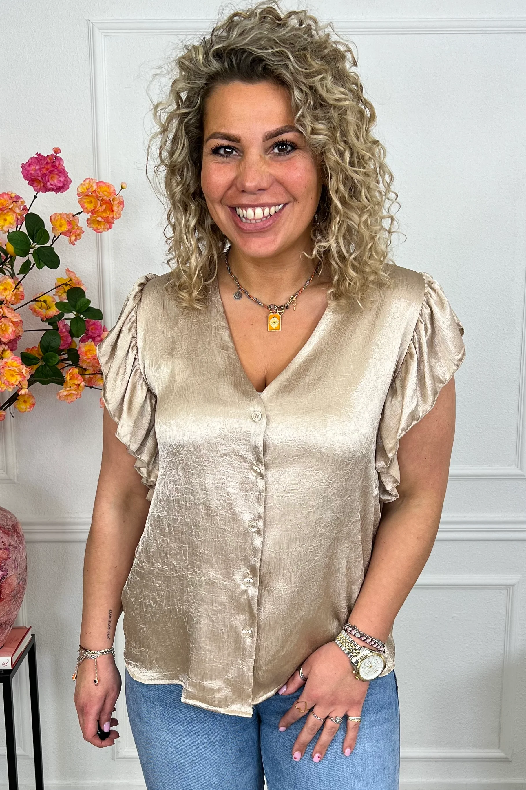 Short Sleeve Ruffle Blouse - Taupe - Image 7